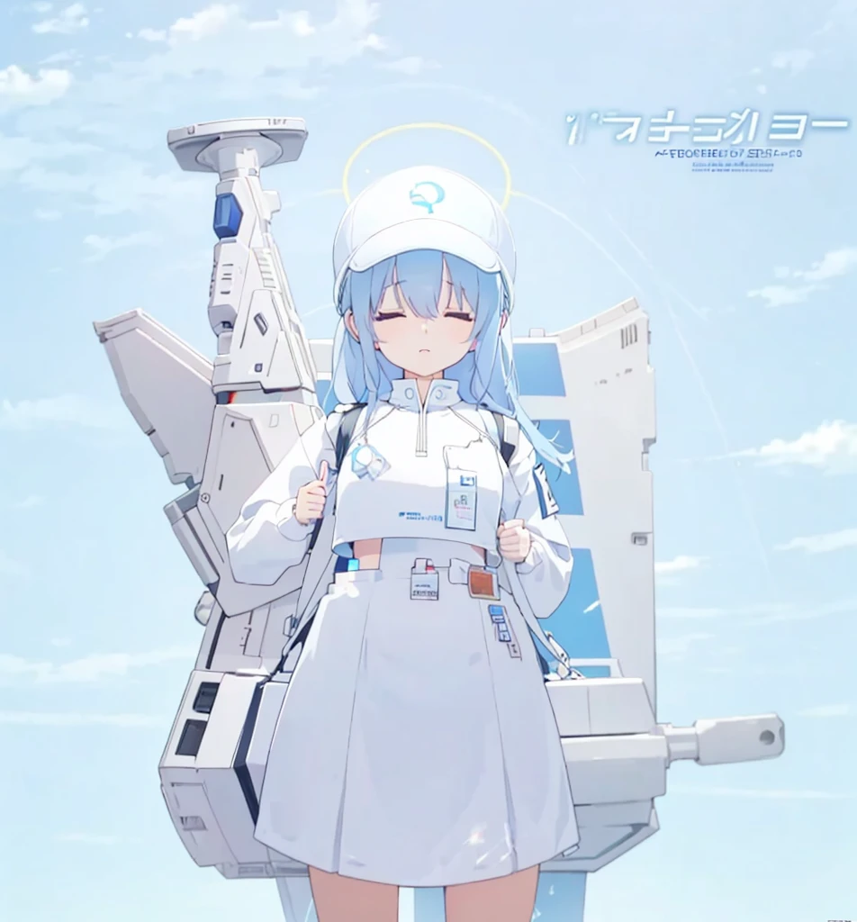 1girl, anime, high resolution, hood, cute, kawaii, blue, anime magazine, light blue hair, closed eyes, sky blue, pastel blue long hair, city, city background, sunny day, tactical vest, ballistic vest, railed headset, tall, white vest, white armor, white pouches, white tactical belt, white bucket hat, white hat, hoodie, neutral mouth, blue halo, pastel blue hoodie
