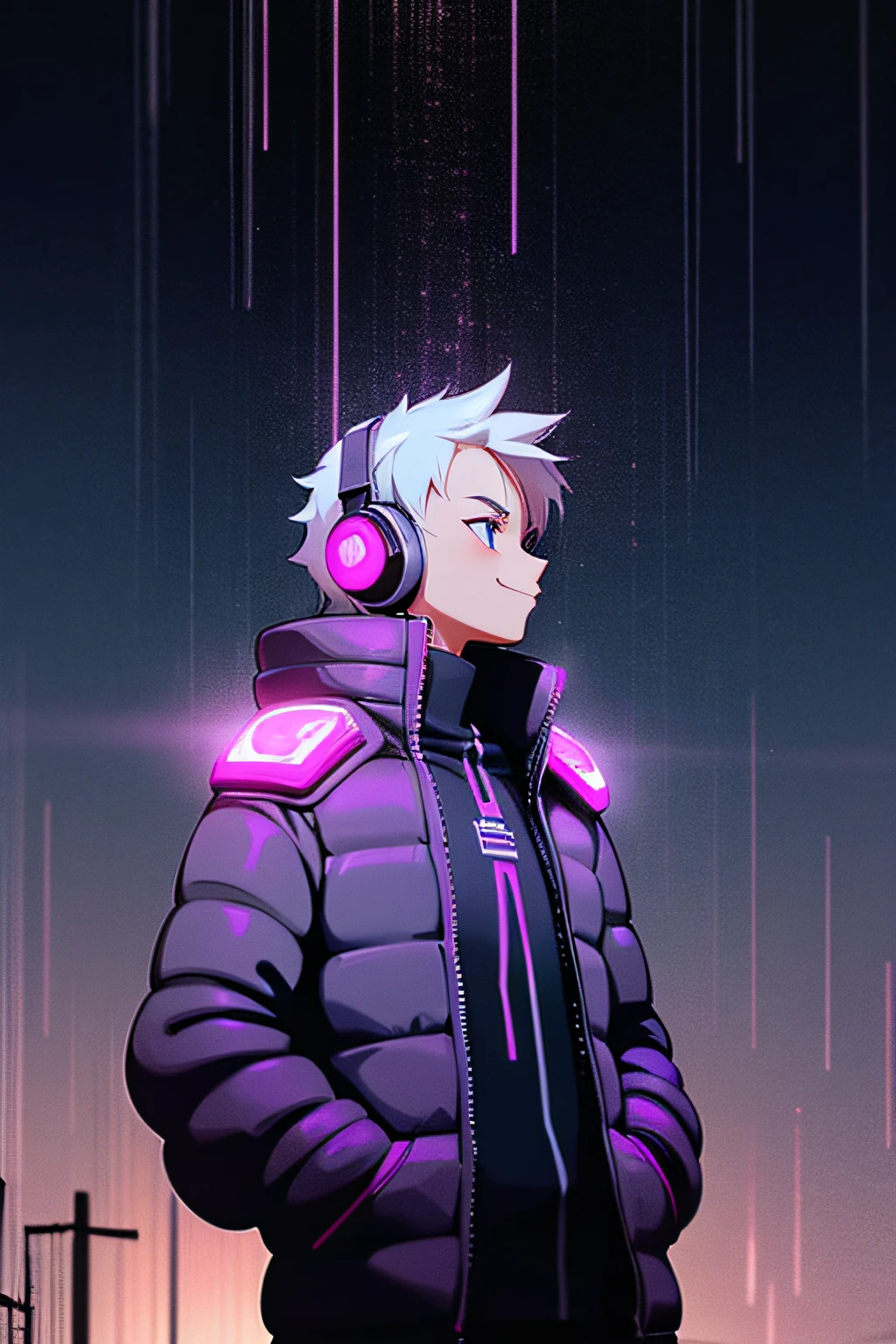 cyberpunk kid staring at a distance cyberpunk advanced city at night while it's raining, wearing cyber clothes, hands in pocket, smiling, headphones, head-on, profile, three-quarter, looking up, and looking down