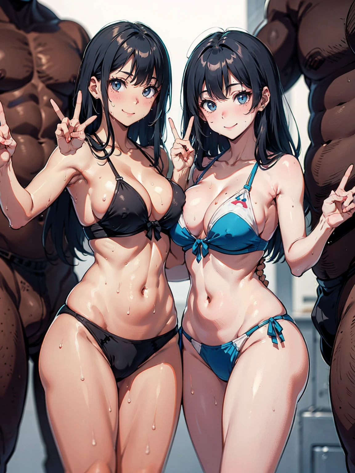 1girl, multiple boys, v sign, ((double v:1.4)), standing, cowboy shot, facing viewer, boxers, sandwiched, bikini, sweat, wet, shiny skin, narrow waist, black man, beautiful smile, masterpiece, best quality, highly detailed, (covered nipples), ((mature female))