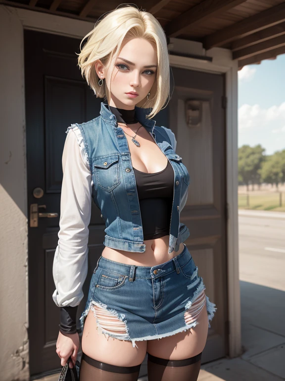 bestquality, high-res, AND18, 1girl in, android 18, bara, Blonde Hair, Blue Eyes, Short Hair Hair, earrings, jewelry, denim vest, open vest, Black Pantyhose, black shirt, denim skirt, striped long sleeves, blue skirt, mediuml breasts, cowboy shot, road, (External enlarged chest: 1.2) The aura in the body was released. (blue white light effect)