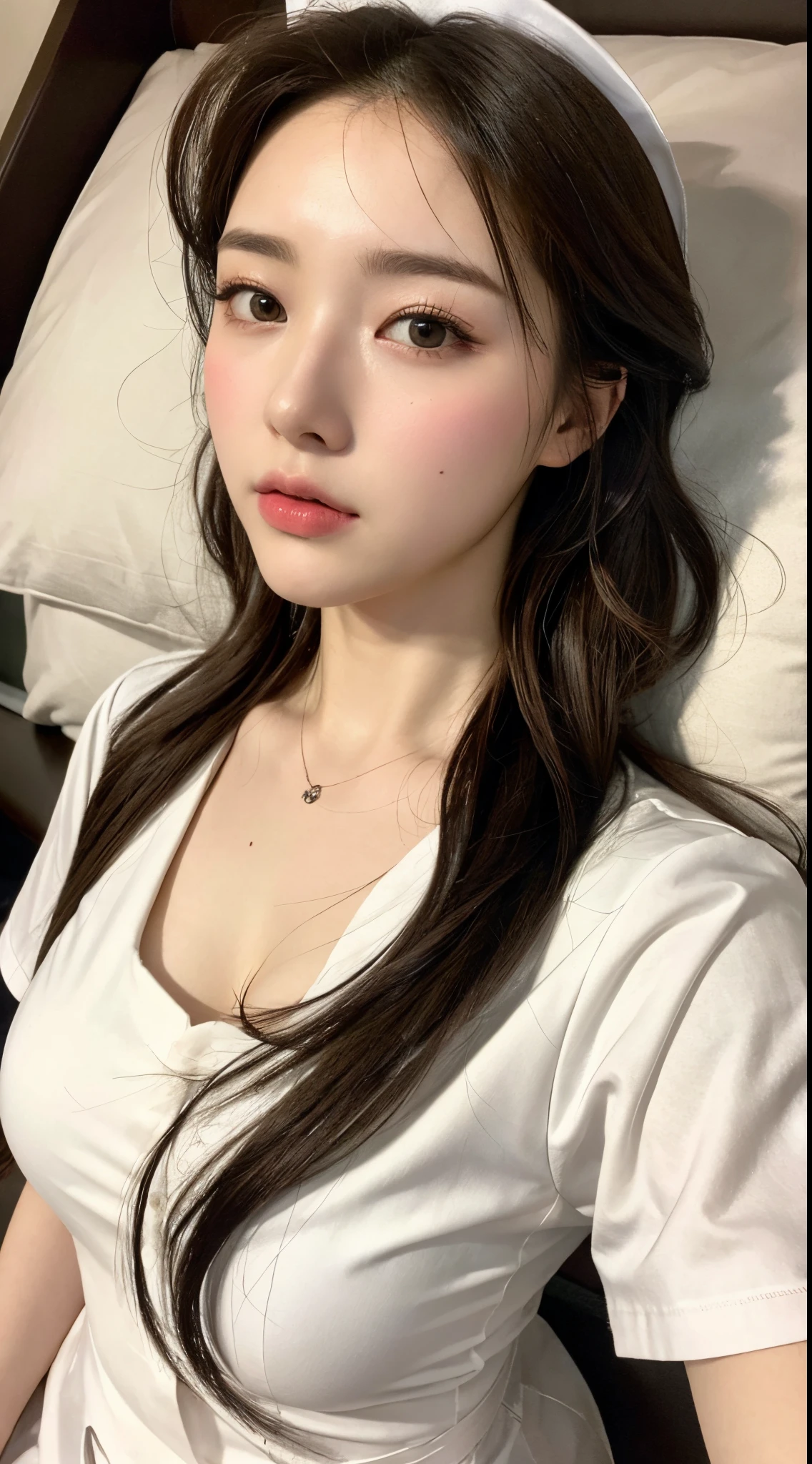 opening eyes，((quality, 8K, tmasterpiece: 1.3)), Big breasts are beautiful, 1 nurse, Lop:1.2, Slim abs: 1.1, dark brown  hair, (Wearing a white nurse's uniform，Sleeping on the Bed, : 1.2), The face is very detailed, Highly detailed lips, 詳細な目, 二重まぶた，Lie down in bed，down view，beautidful eyes