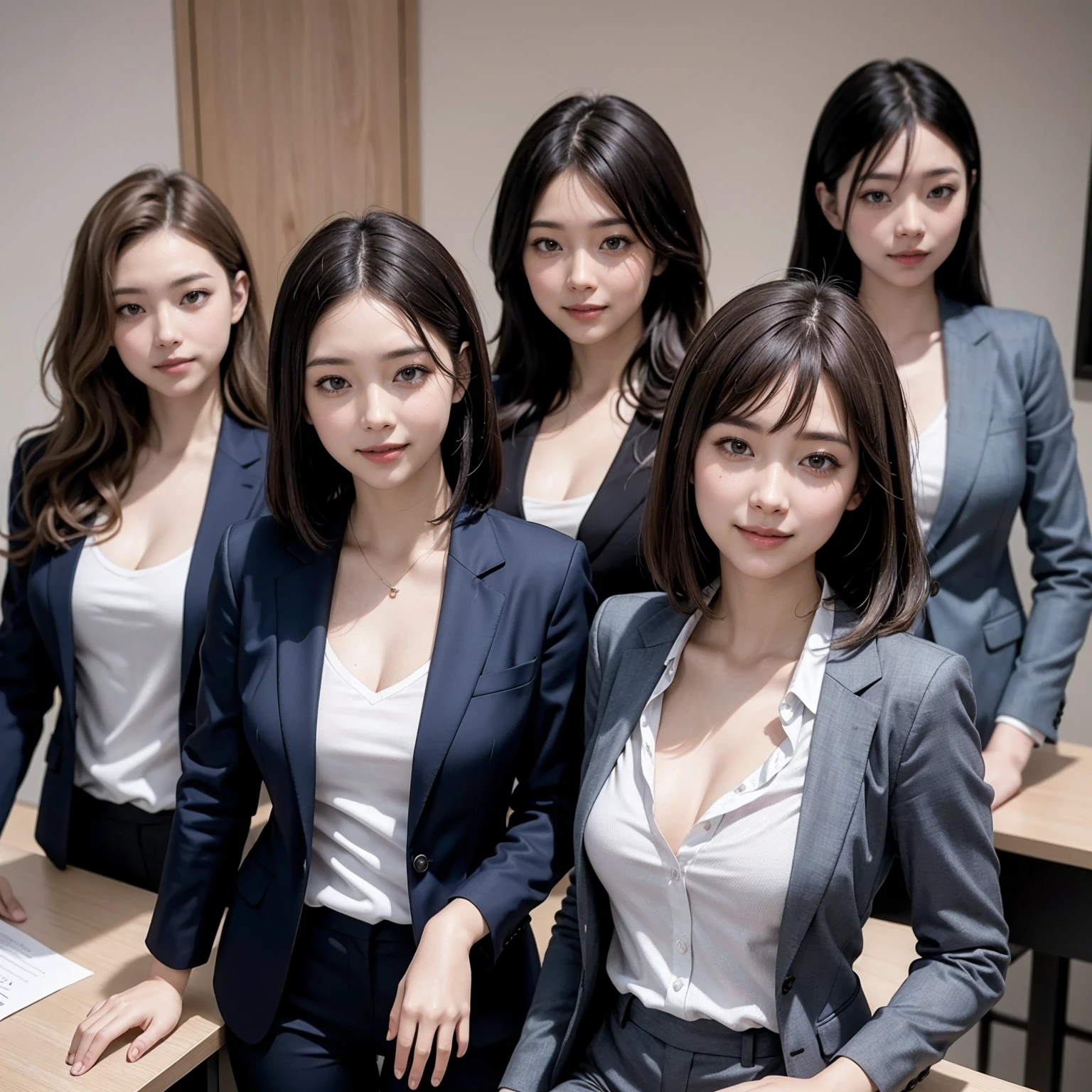 (Masterpiece), (8K, Photorealistic, RAW Photography, Best Quality: 1.4), Japan, Beautiful Face, (Realistic Face), (Medium Hair:1.3), Realistic Eyes, Beautiful Eyes, Attractive, Ultra High Definition, Ultra Realistic, High Definition, Beautiful Japan woman, grey suit, open jacket, ((jacket)), office lady, suit, ((pants)), (modern office indoors), desk, detailed face, long hair, group picture, multiple girls, 4girls, looking at viewer, ((smile)), (white shirt), (open shirt), (different hair styles), (different breasts size), (different face detailed)