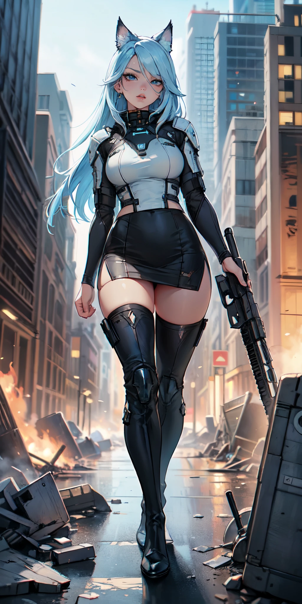 Masterpiece, beautiful art, 8k, art style by sciamano240, very detailed face, detailed clothes, detailed fabric, 1girl, beautiful face, asymmetrical long hair, light blue hair, wearing mass effect armor , holding gun , tight pencil skirt, thigh boots , very detailed blue cat eyes, serious expression, destroyed city, full body view,