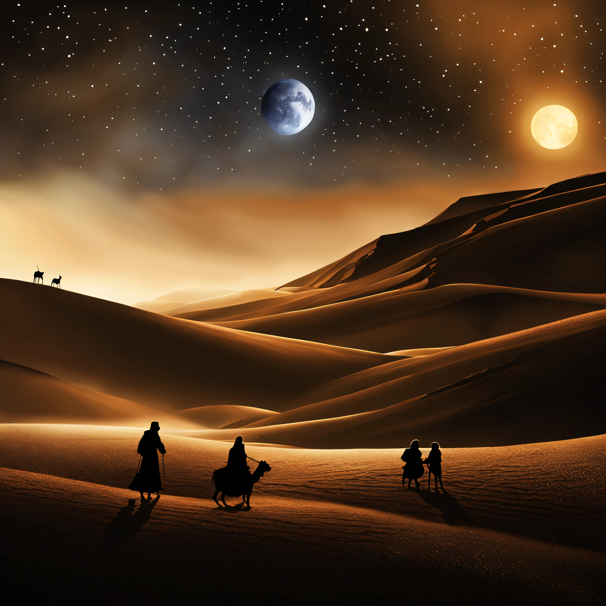 [[create an amazing matte painting for a classic Christmas card, crie uma obra-prima em pintura]], [[[add desert scene illustration with dunes, ao fundo uma manjedoura com o menino Jesus e um feixe de luz brilhante, multicolored light coming from the starry night sky to the baby]]], [[[a beautiful and perfect matte painting for a Christmas card]]]