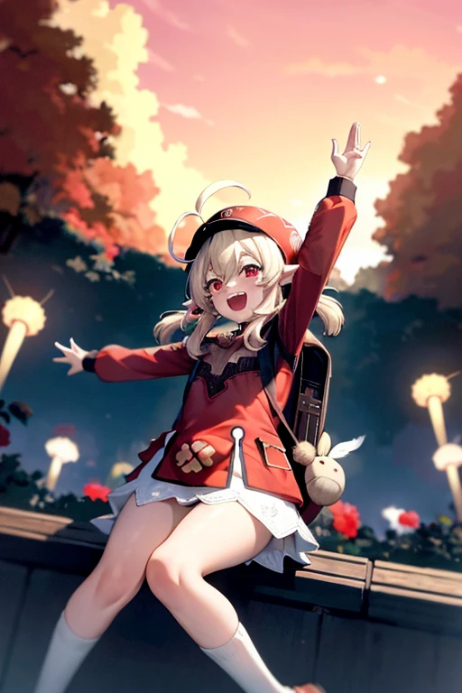 masterpiece, best quality, 1girl, explosion, klee (genshin impact), hat, solo, red headwear, smile, outstretched arms, open mouth, backpack, bag, looking at viewer, spread arms, twintails, dress, long hair, hat feather, brown footwear, nude, naked, nipples, flat chest, bangs, ahoge, pointy ears, red eyes, :d, blonde hair, cabbie hat, full body, socks, low twintails, hair between eyes, kneehighs, feathers, dodoco (genshin impact), white feathers, upper teeth only, teeth, sidelocks,