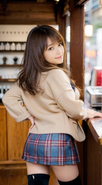(Photorealistic), (ultra high realistic), (Ultra high definition), (ultra high detailed), (Increase contrast), (Increase saturation), (15yo girl), (light skinned)A pretty woman with perfect figure, Cute face, Beautiful expression, (Lifelike face), Beautiful hairstyle, Realistic eyes, beautiful detail, (real looking skin), Beautiful skins, enticing, The ultra -The high-definition, A hyper-realistic, Realistic, Very detailed, Japanese, semi long hair, bangss), (Light brown wool coat and knee-high boots、japanese cute idol, Tartan check)((very short mini skirt)) Gentle smile, Brown hair, Stylish coffee shop、The cleavage is boldly visible、beutiful breast、thin-waist、The bar counter is leaning((Bending forward and sticking out your butt、pose sensual))、Looking back、Angle from behind、medium-full shot