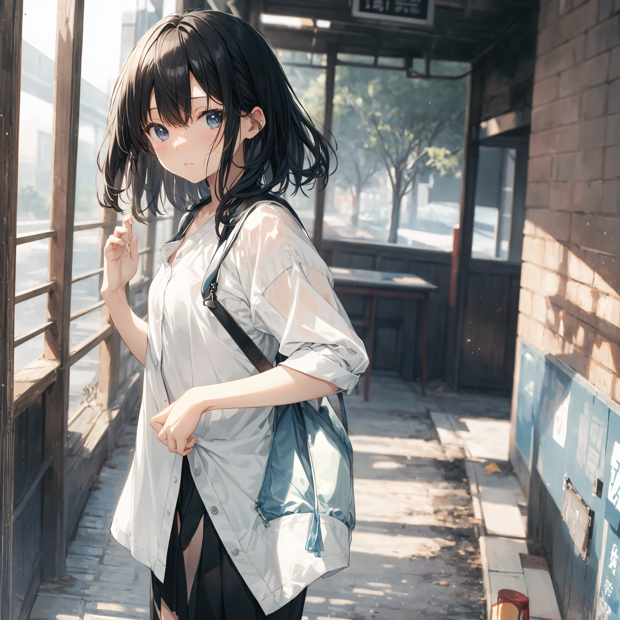 Super high quality by the art god, Ultra-detailed, High resolution, anime moe art style, Best Anime 8K Konachan Wallpapers, Pixiv Contest Winner, Perfect Anatomy, BREAK,(Draw a girl sleepily walking to school. ),BREAK, 1girl in, (Solo,Lori,child,13years:1.3),Full limbs, complete fingers,a junior high school student, Androgynous attraction, (Very short hair), Sleeping hair, hair messy, flat chest, Small butt, groin, Small eyes,Beautiful detailed black eyes, Well-proportioned iris and pupils, disgusted eye, High resolution detailed hair, School uniform, Skirt, On the way to school. BREAK,super detailed skin, Best lighting by famous artists, 8K, Illustration,