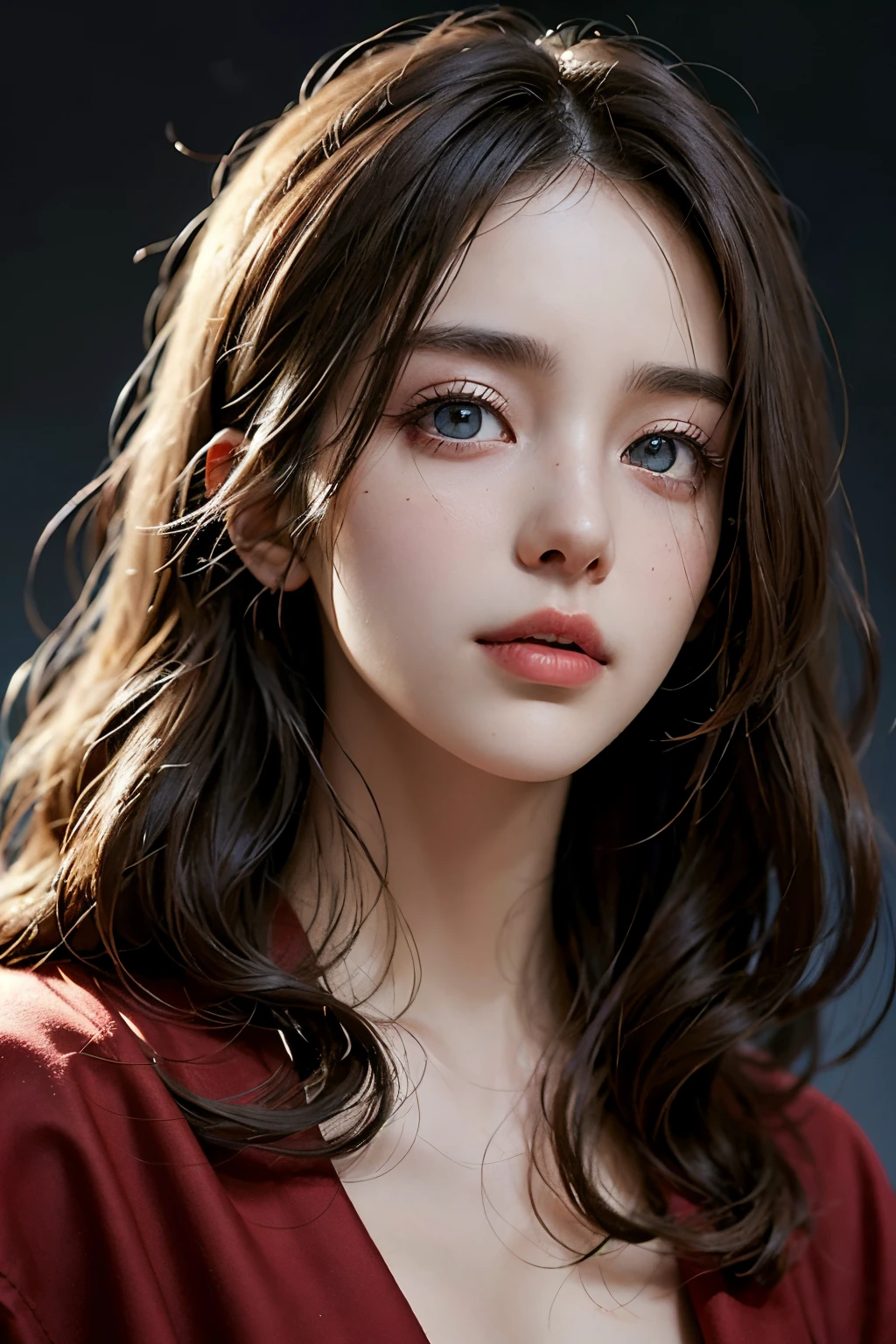 "((ultra-realistic realism+pure)，Eyes are bright，white skin skin)，hight contrast，high-definition picture quality，Dynamic tilt，a tall nose，Magnificent palace，Flare effect，Realistic details，Unity 8k壁纸，Super fine，Beautiful masterpiece，top-quality，Glowing skin，Cinematic lighting，red robe fluttering，sweet and cute，cabelos preto e longos。"