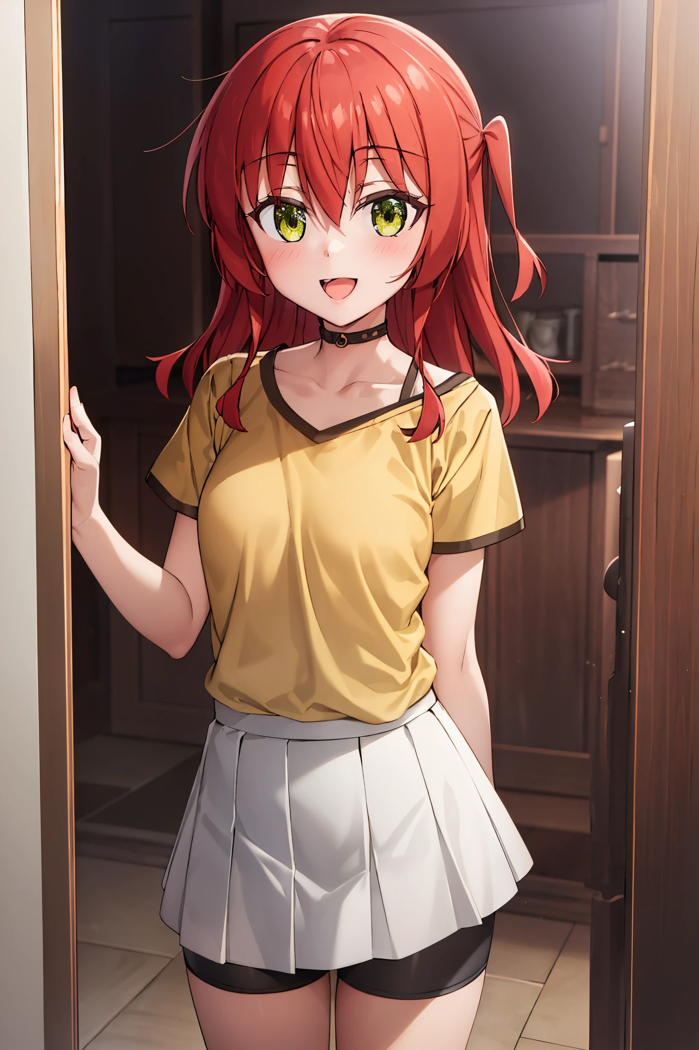 1 girl, best quality, ultra high res, long hair, red hair, green eyes, yellow shirt, short sleeves, white skirt, pleated skirt, miniskirt, bike shorts, bike shorts under skirt, looking at viewers, small breast, standing, pov, slim body, loli body, small body, smile, room, open mouth