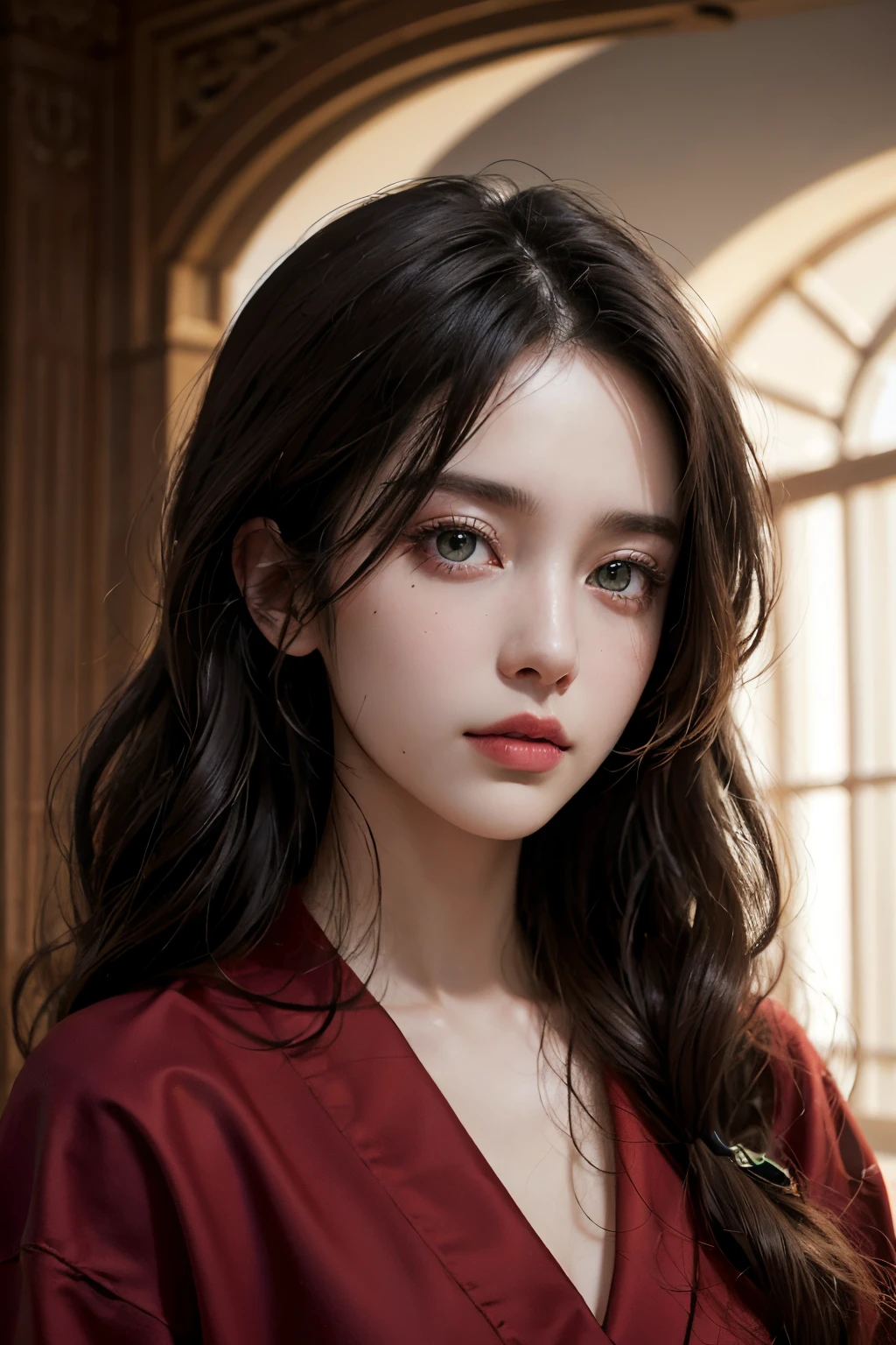 "((ultra-realistic realism+pure)，Eyes are bright，white skin skin)，hight contrast，high-definition picture quality，Dynamic tilt，a tall nose，Magnificent palace，Flare effect，Realistic details，Unity 8k壁纸，Super fine，Beautiful masterpiece，top-quality，Glowing skin，Cinematic lighting，red robe fluttering，sweet and cute，cabelos preto e longos。"