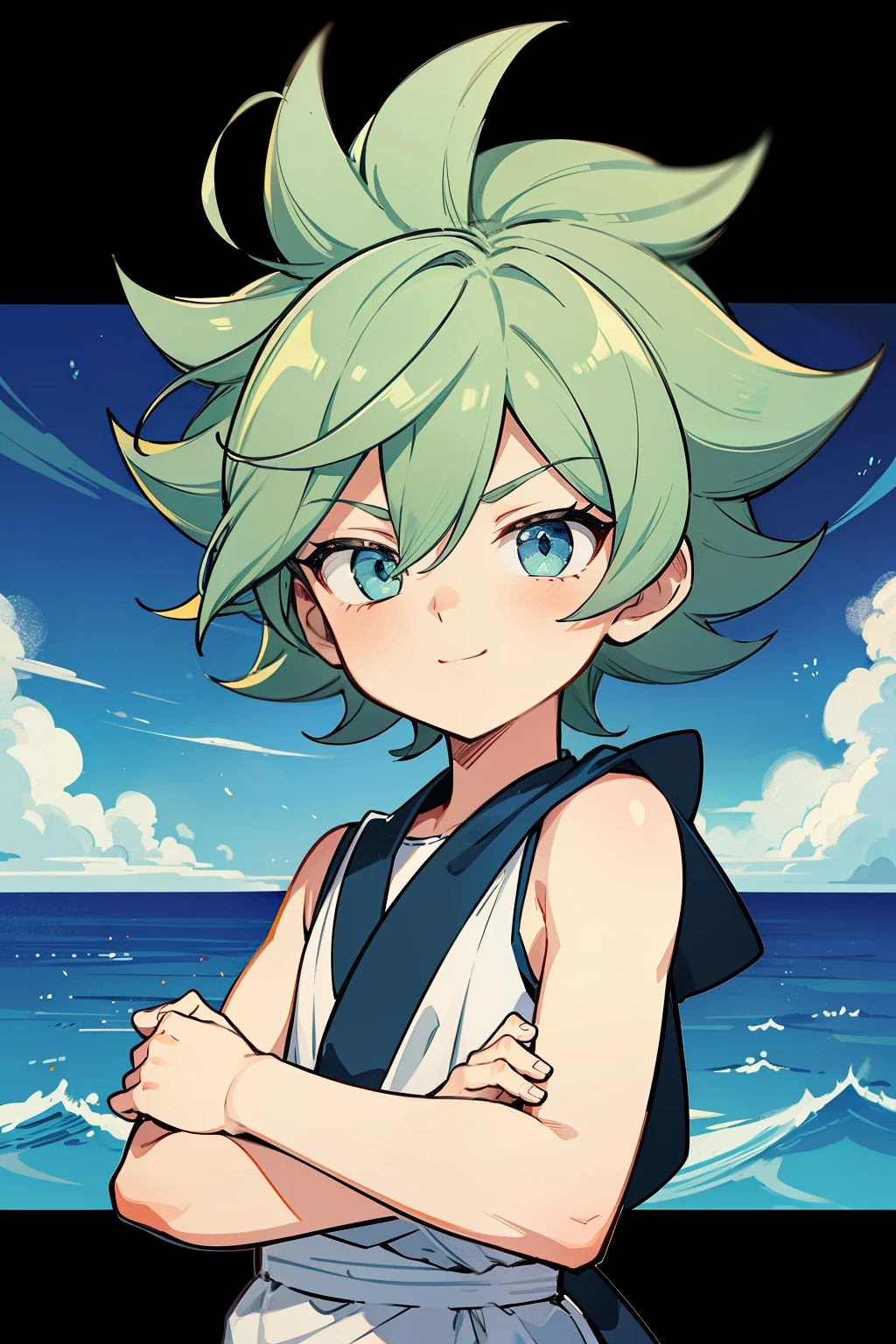 (high-quality, breathtaking),(expressive eyes, perfect face) 1boy, male, solo, , chibi, toddler, medium ue hair, green coloured eyes, stylised hair, gentle smile, longlength hair, loose hair, side bangs, curley hair, really spiky hair, spiked up hair, looking at viewer, portrait, ancient greek clothes, blue black and white tunic, white Chlamys, sleeveless, greek, blue and gold sash, ocean background, laurel accessory, slightly narrow eyes, masculine face, masculine eyes, baby face, baby bo body, smalad, baby, 36½ inches tall, chibi aryle