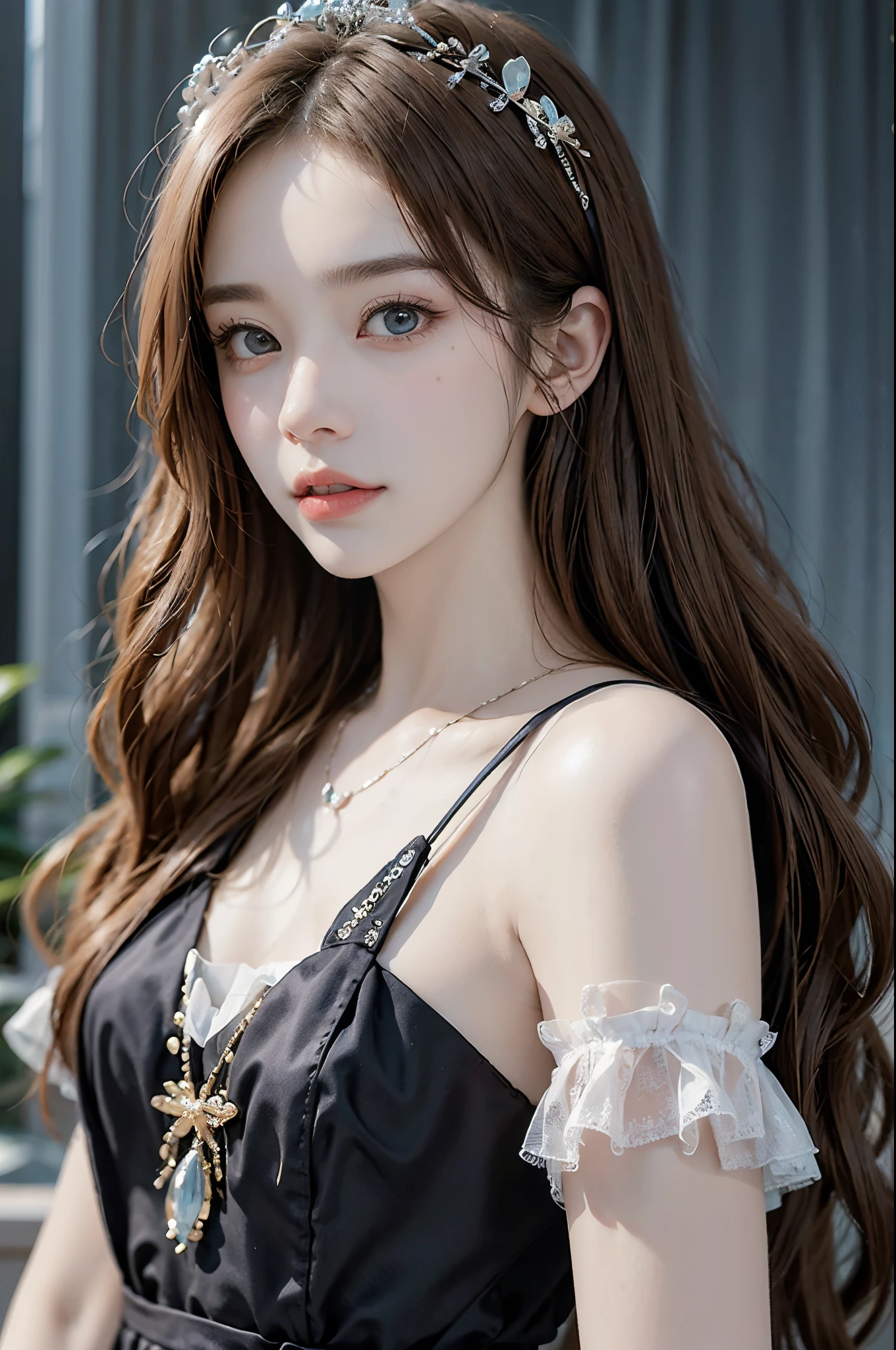 Sweet girl dress2,dress, ((cowboy shot)), ((ultra-realistic realism+pure),Eyes are bright,white skin skin),hight contrast,high-definition picture quality,Dynamic tilt,a tall nose,Magnificent palace,Flare effect,Realistic details,Unity 8k壁纸,Super fine,Beautiful masterpiece,top-quality,Glowing skin,Cinematic lighting,sweet and cute,cabelos preto e longos。