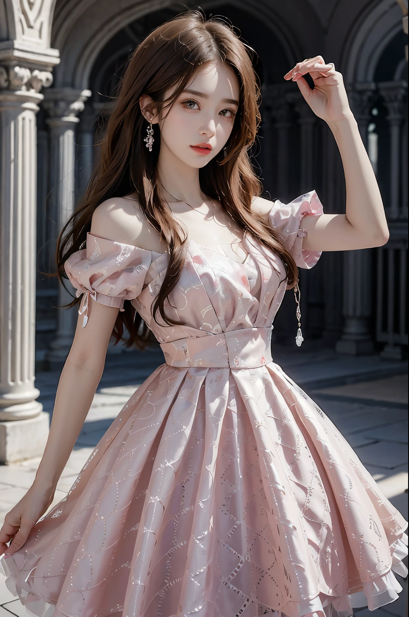 Sweet girl dress2,dress, ((cowboy shot)), ((ultra-realistic realism+pure)，Eyes are bright，white skin skin)，hight contrast，high-definition picture quality，Dynamic tilt，a tall nose，Magnificent palace，Flare effect，Realistic details，Unity 8k壁纸，Super fine，Beautiful masterpiece，top-quality，Glowing skin，Cinematic lighting，sweet and cute，cabelos preto e longos。