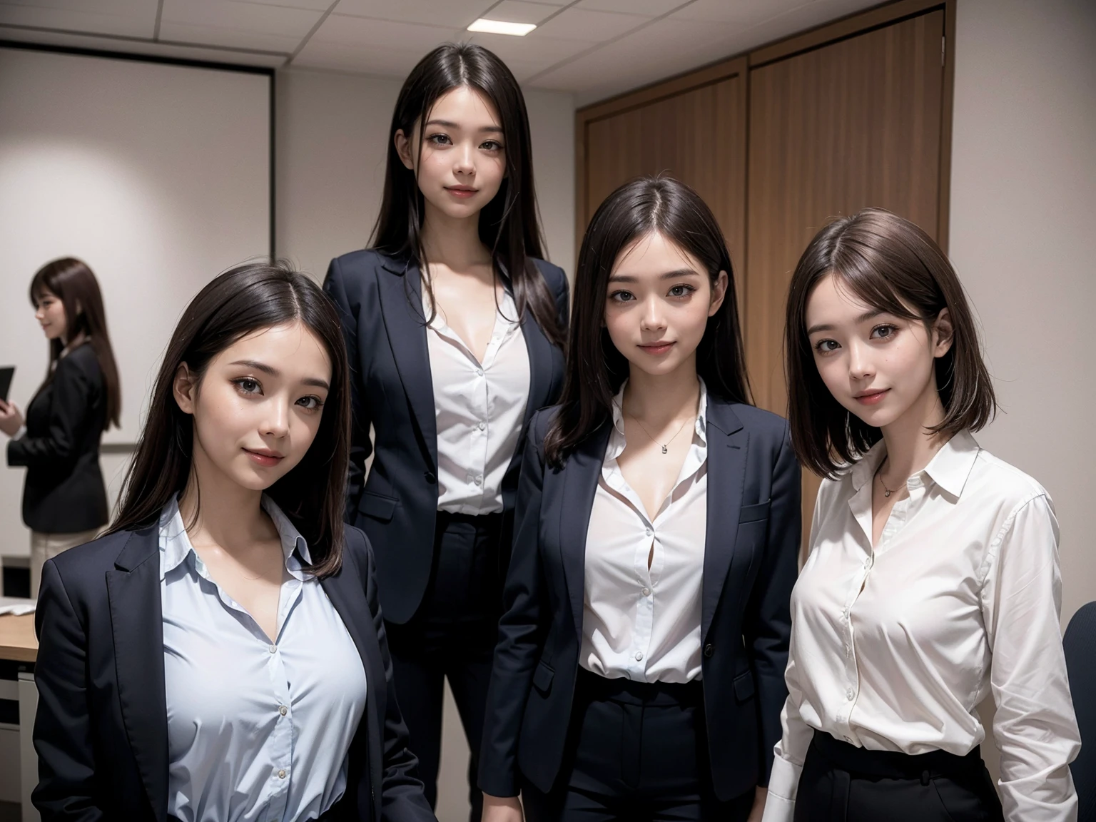 (Masterpiece), (8K, Photorealistic, RAW Photography, Best Quality: 1.4), Japan, Beautiful Face, (Realistic Face), (Medium Hair:1.3), Realistic Eyes, Beautiful Eyes, Attractive, Ultra High Definition, Ultra Realistic, High Definition, Beautiful Japan woman, grey suit, open jacket, ((jacket)), office lady, suit, ((pants)), (modern office indoors), desk, detailed face, long hair, group picture, multiple girls, 4girls, looking at viewer, ((smile)), (white shirt), (open shirt), (different hair styles), (different breasts size), (different face detailed)