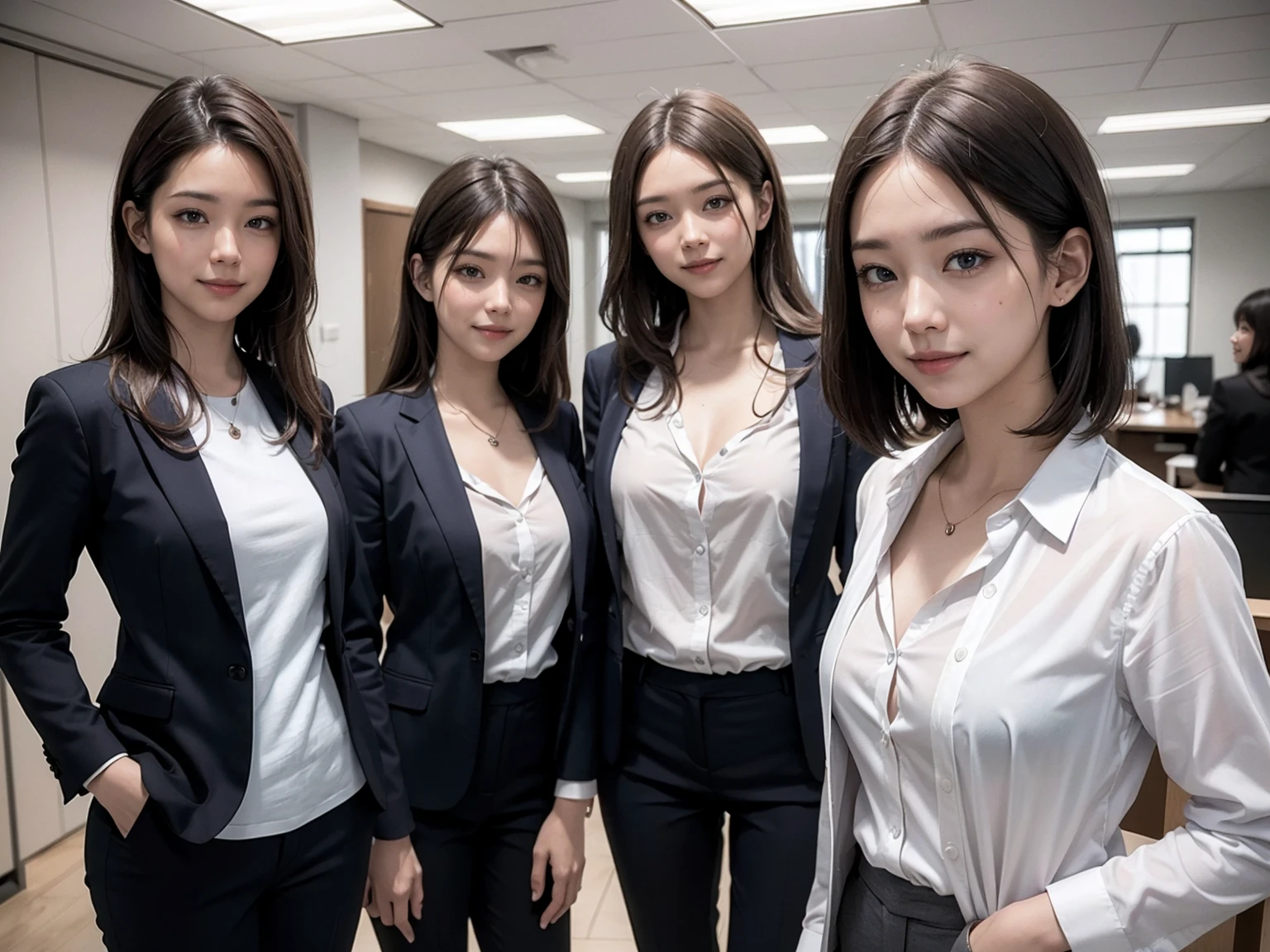(Masterpiece), (8K, Photorealistic, RAW Photography, Best Quality: 1.4), Japan, Beautiful Face, (Realistic Face), (Medium Hair:1.3), Realistic Eyes, Beautiful Eyes, Attractive, Ultra High Definition, Ultra Realistic, High Definition, Beautiful Japan woman, grey suit, open jacket, ((jacket)), office lady, suit, ((pants)), (modern office indoors), desk, detailed face, long hair, group picture, multiple girls, 4girls, looking at viewer, ((smile)), (white shirt), (open shirt), (different hair styles), (different breasts size), (different face detailed)