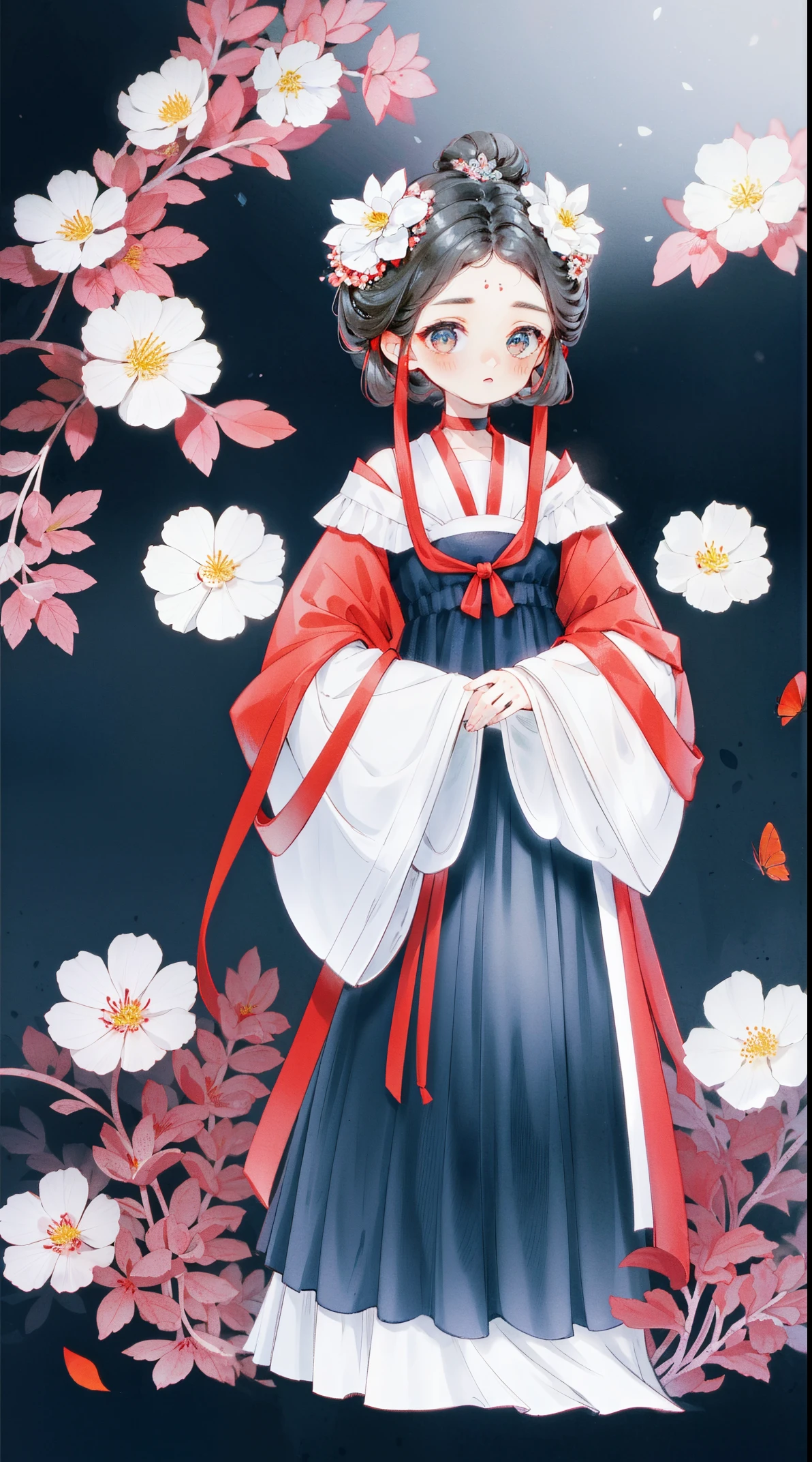 1 Sister, Alone, looking at viewert, face flushed, Background with, black hair color hair, hair adornments, longer sleeves, white backgrounid, everlasting, Full body lesbian, green color, flowers blooming, hairflower, hair-bun, butterflys, tmasterpiece, recent quality, The finest details, Clear facial features, beautidful eyes