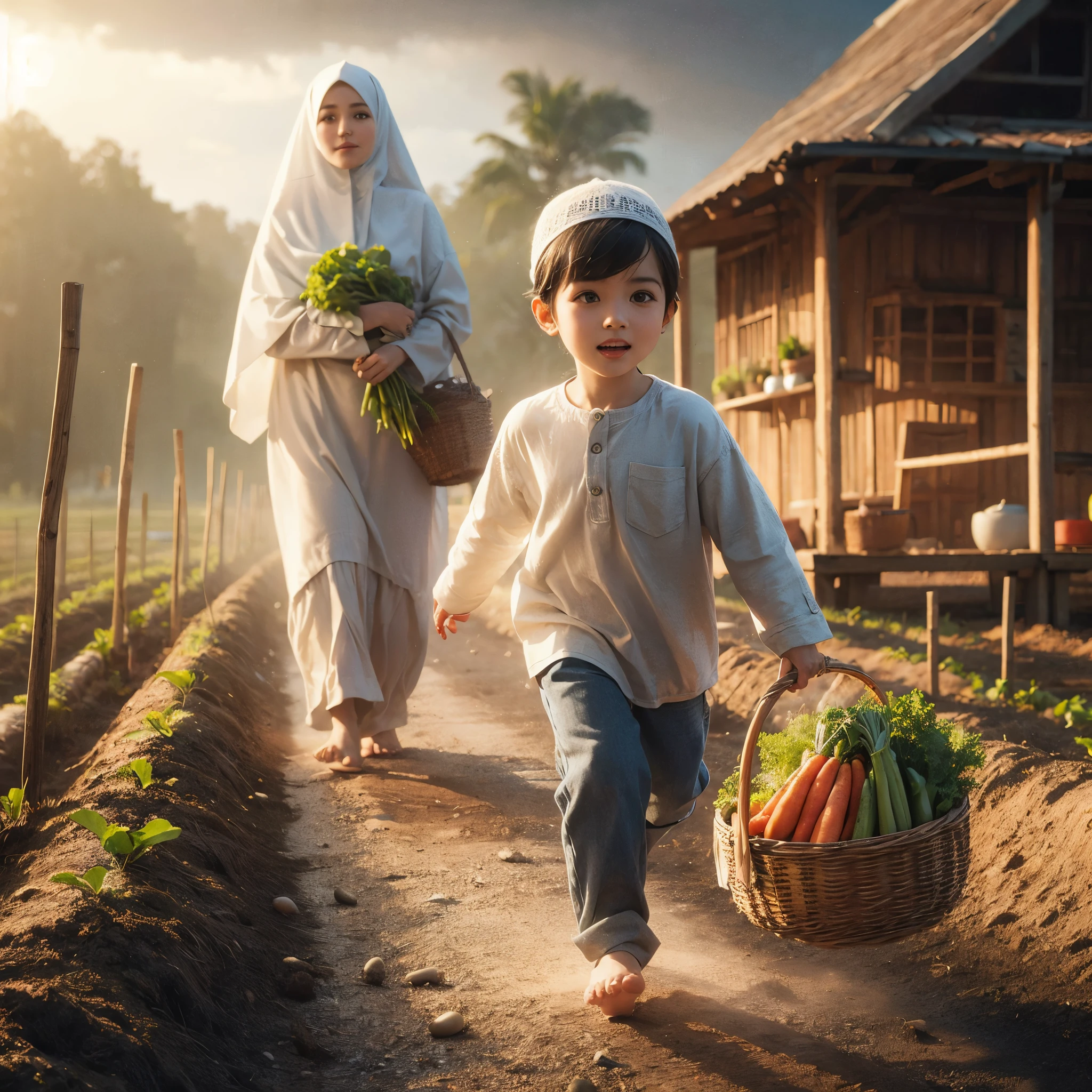 Sexy mom wear hijab holding vegetables and her son holding a basket of vegetables, they are barefoot, walk near vegetables field, beautifull village, beautifull sky, happy moments, hyperdetail, masterpiece, 8k