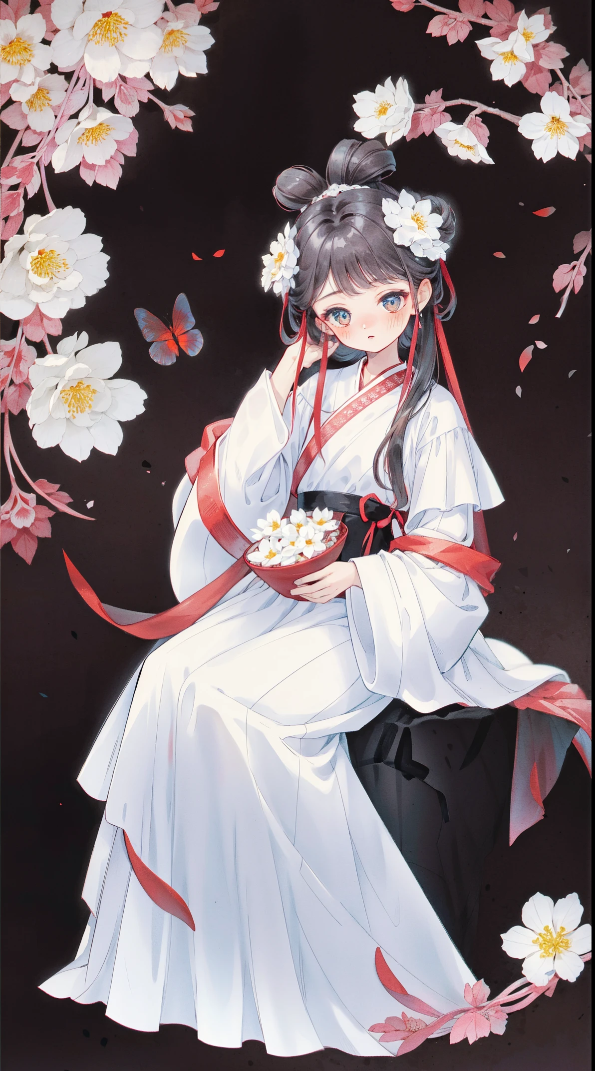 1 Sister, Alone, looking at viewert, face flushed, Background with, black hair color hair, hair adornments, longer sleeves, white backgrounid, Eternal, Full body lesbian, red colour, flowers blooming, hairflower, hair-bun, butterflys, tmasterpiece, recent quality, The finest details, Clear facial features, beautidful eyes