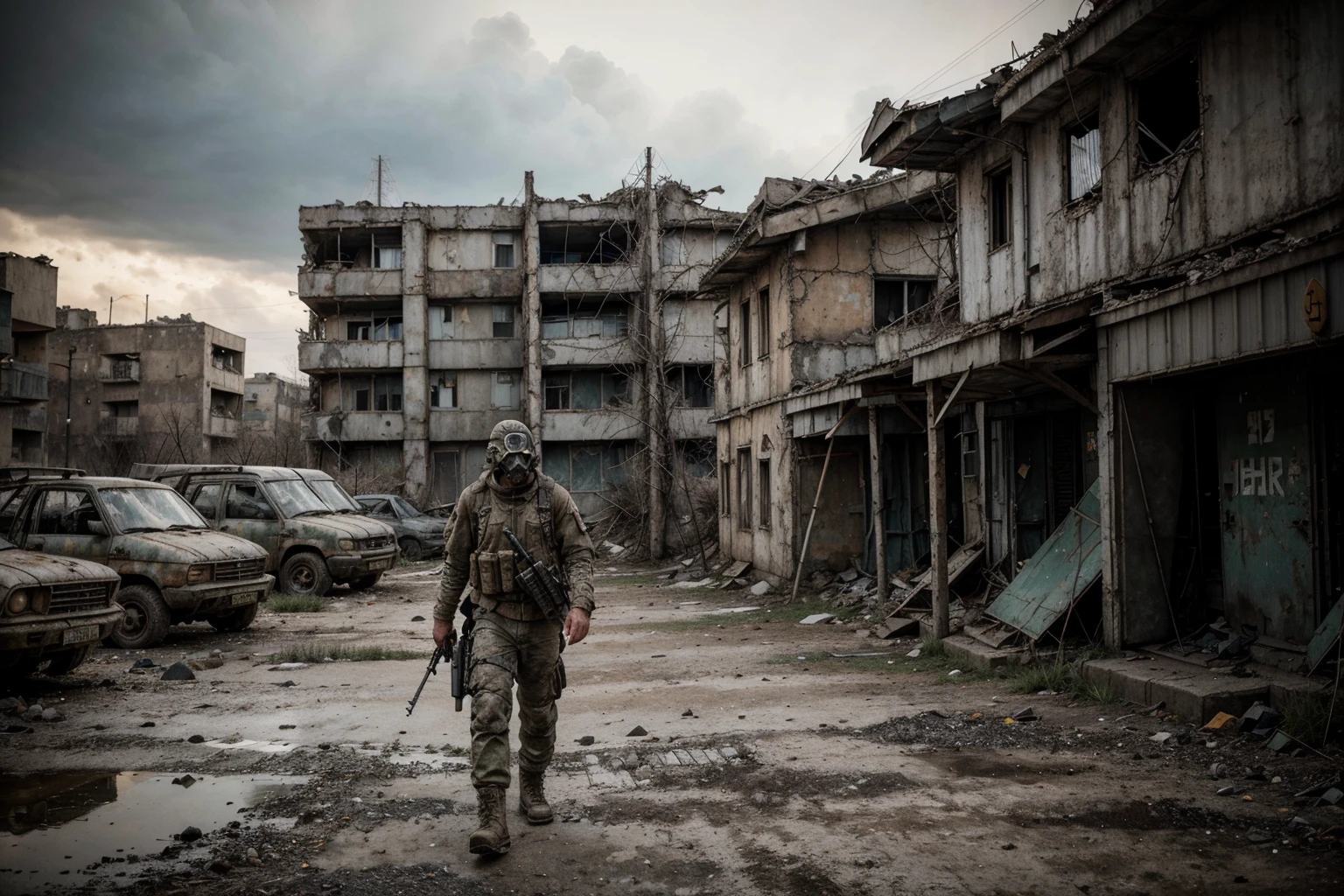 man standing in a distance in gas mask holding a assault rifle in front of a ruined village, stalker, anomaly, camouflage military outfit, russian landscape, post - apocalyptic scavenger, in a post-apocalyptic wasteland, postapocalyptic explorer, post apocalyptic world, inspired by Andrey Yefimovich Martynov, fps game concept art, post apocalyptic, post apocalyptic atmosphere, post-apocalyptic, post - apocalyptic, USSR postapocalypse, cramped street of Pripyat, radiation, desolation, abundance of vegetation, digital art, looking at camera, gray ashen atmosphere, aestheticism, hdr, incredibly high intricate detail, deep shade, award-winning, by Frank Frazetta