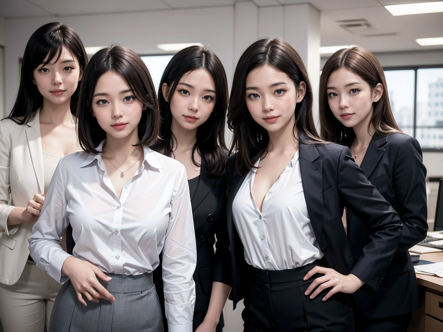(Masterpiece), (8K, Photorealistic, RAW Photography, Best Quality: 1.4), Japan, Beautiful Face, (Realistic Face), (Medium Hair:1.3), Realistic Eyes, Beautiful Eyes, Attractive, Ultra High Definition, Ultra Realistic, High Definition, Beautiful Japan woman, grey suit, open jacket, ((jacket)), office lady, suit, ((pants)), (modern office indoors), desk, detailed face, long hair, group picture, multiple girls, 4girls, looking at viewer, ((smile)), (white shirt), (open shirt), (different hair styles), (different breasts size), (different face detailed)
