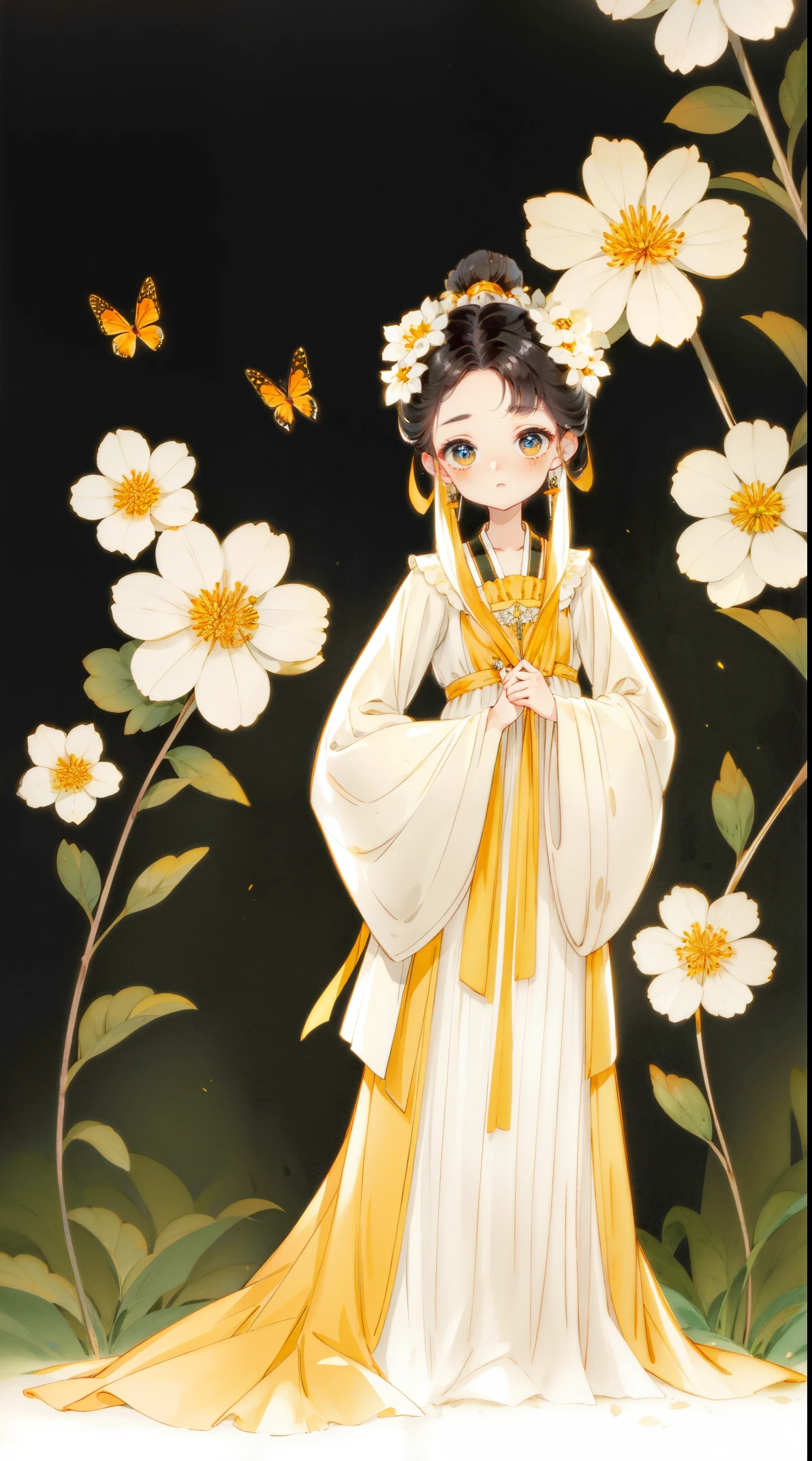 1 Sister, Alone, looking at viewert, face flushed, Background with, black hair color hair, hair adornments, longer sleeves, white backgrounid, Eternal, Full body lesbian, golden colored, flowers blooming, hairflower, hair-bun, butterflys, tmasterpiece, recent quality, The finest details, Clear facial features, beautidful eyes