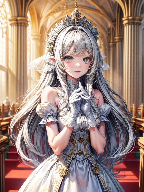 In front of the altar of a majestic church、(blurry backround)、brightened light、golden long hair girl、Classic White Wedding Dresses、(elegant luster)、(Lots of races)、lots of ribbons、((voluminous puff sleeves))、long cuffs with many buttons、golden embroidery、Long Train、white embroidered gloves、5 fingers、A smile、Redness of the cheeks