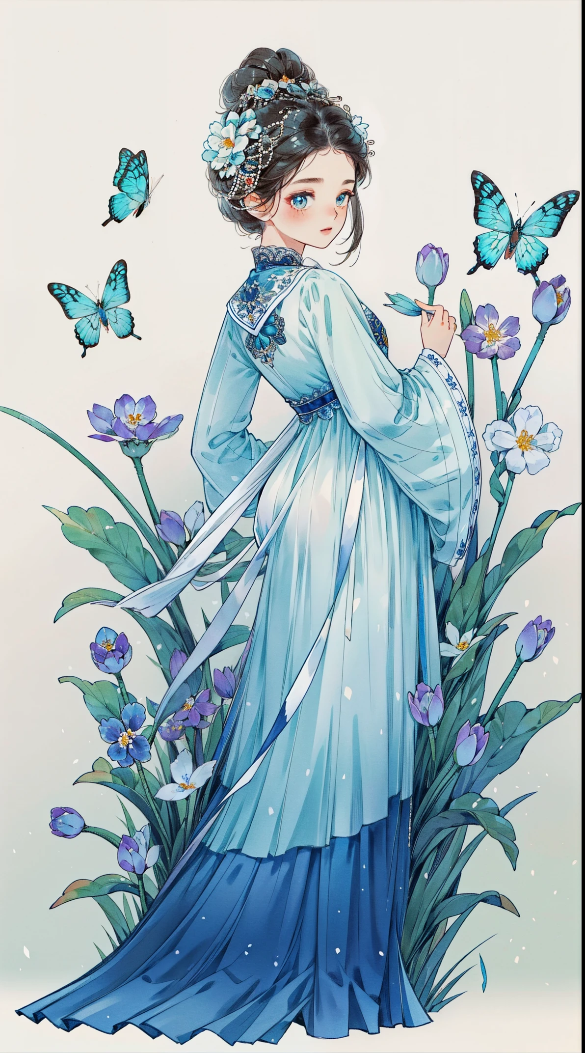 1 Sister, Alone, looking at viewert, face flushed, Background with, black hair color hair, hair adornments, longer sleeves, white backgrounid, everlasting, Full body lesbian, flowers blooming, Blue and white porcelain, hairflower, hair-bun, butterflys, tmasterpiece, recent quality, The finest details, Clear facial features, beautidful eyes