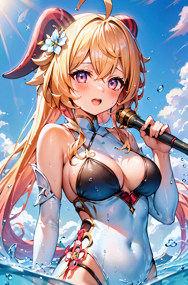 Best quality at best, tmasterpiece, Incredibly beautiful, very elaborate 8K wallpaper, otherworldly beautiful girl, , (Fair skin), (blonde hair pink gradient hair), Side pony, intermittently, Open your mouth and laugh, Long eyelashes, cosmetics, One eye open, (zoomout, The large, BigREAK, 夏天, Beachy, (比基尼), Reflection in the water, (Floating water drops blur foreground), (blue-sky), lens flare glow, (water splash), rays of sunshine,
