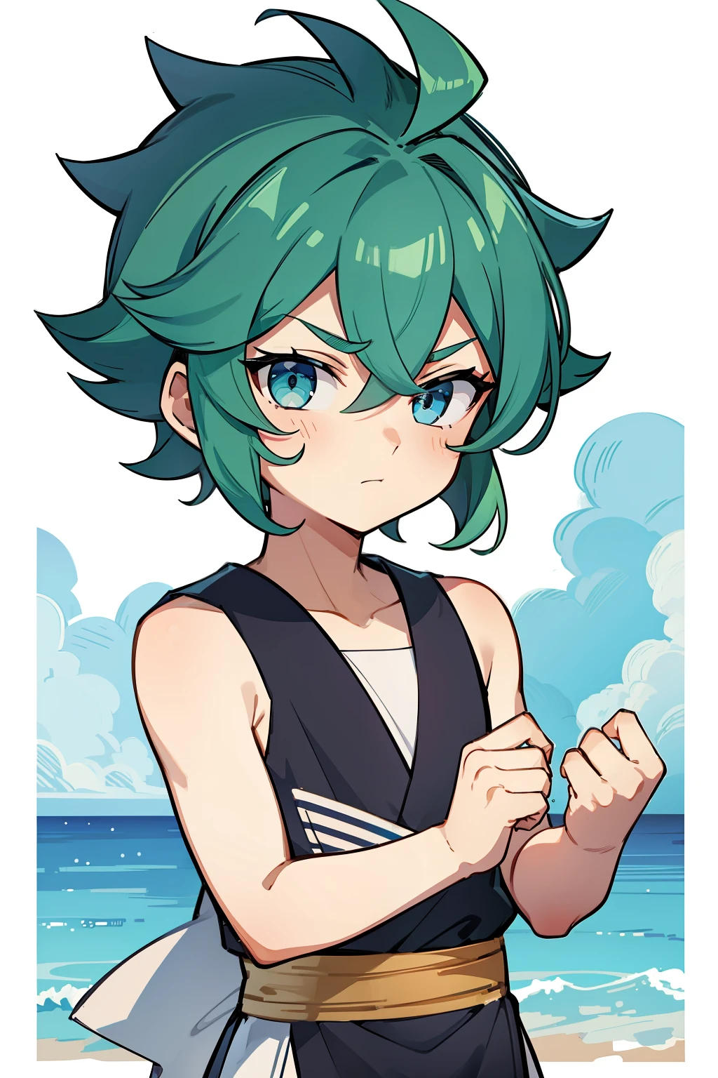 (high-quality, breathtaking),(expressive eyes, perfect face) 1boy, male, solo, young ???, child, chibi, toddler, medium blue hair, green coloured eyes, stylised hair, gentle smile, longlength hair, loose hair, side bangs, curley hair, really spiky hair, spiked up hair, looking at viewer, portrait, ancient greek clothes, blue black and white tunic, white Chlamys, sleeveless, greek, blue and gold sash, ocean background, laurel accessory, slightly narrow eyes, masculine face, masculine eyes, baby face, baby body, small body, small head, baby, 36½ inches tall, chibi art style