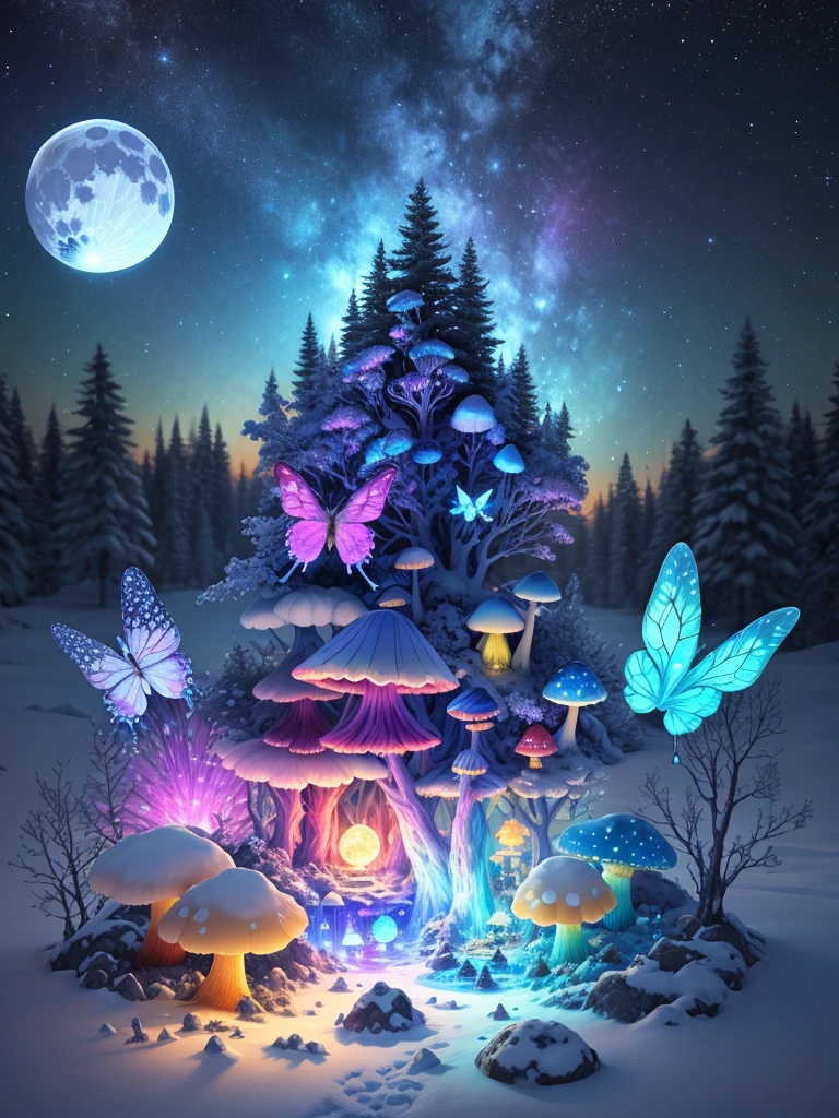 a fairy world，Snow Forest and Creation Mushroom，Milkyway Sky，Lights create glowing butterfly，large moon，Blue River，SakuraNore followers，4K, wonderful art beautiful minerals, Rainbow crystals, ultra - detailed,  Light up colorful diamonds，jewely，crystal，shine，metallic  luster，Glaze color，incredible lighting, ultra - detailed, 8K, Unreal Engine5, a 3D render