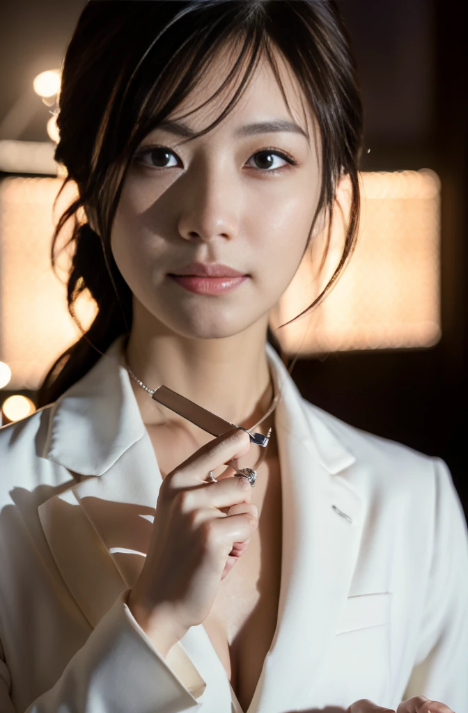 (Photoreal Stick:1.4, masutepiece:1.4, 8K), top-quality, ​masterpiece, 超A high resolution, Perfect dynamic composition, Professional camera work:1.3, Grow Light Effect, Realistic portrait, Cinematic Light, Highly detailed skin and facial texture:1.3, The ultra-detailliert, Detailed hands and fingers, A detailed eye, Extremely beautiful face, in a business suit and white shirt, Calm, Totally captivates you, night view at night, Medium chest, Backshots