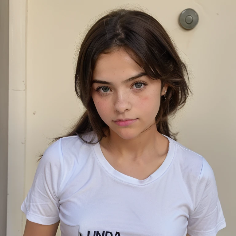 A 13-year-old white girl, black hair and green eyes, very beautiful and with a very good body and medium breasts and a fit abdomen, plus a small ass, She wears jeans and a t-shirt