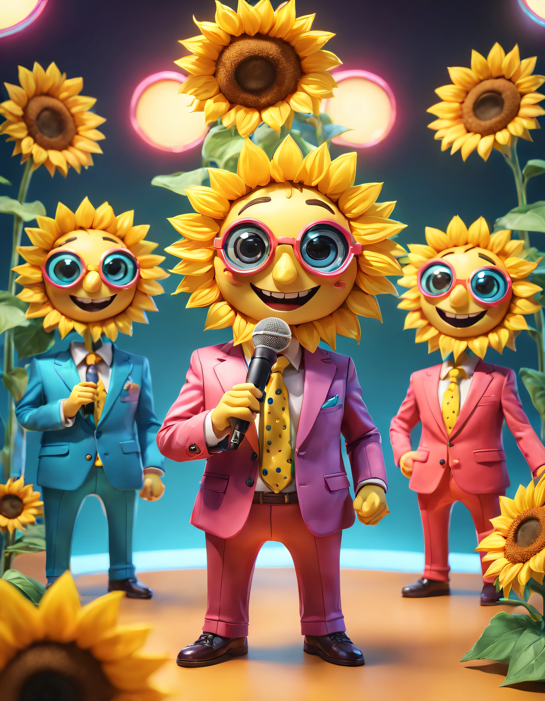 (character  design), (5 cute sunflowers in colorful suits standing in front of a microphone and singing), Happy anthropomorphic sunflower, Holographic colorful set, Smiling, big bright eyes, Background with: stage, neonlight, dream-like, lmaginative, fairytale-like, super detailing, pixal style, vivd colour, Natural soft lighting, 3Drenderingof, octaneratingrendering, ultra-wide-angle, 8K, High realism, Grand Prix