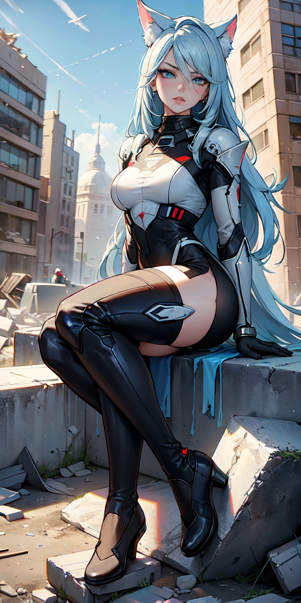 Masterpiece, beautiful art, 8k, art style by sciamano240, very detailed face, detailed clothes, detailed fabric, 1girl, beautiful face, asymmetrical long hair, light blue hair, wearing mass effect armor , sitting on rubble legs open , tight pencil skirt, thigh boots , very detailed blue cat eyes, serious expression, destroyed city, full body view,