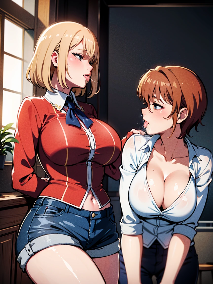 A mom seducing her young son, European 40 year old milfs with their young son with blonde and brown hair, best quality:1.4), (ultra highres:1.2), (8k, RAW photo:1.2), laurenalexis, (1mom, 1son), the mom is showing off their curves, bending over seductively, wearing sexy outfits and short shorts, with their young son, clear eyes, a mom and her young son, ((french kiss:1.6)),