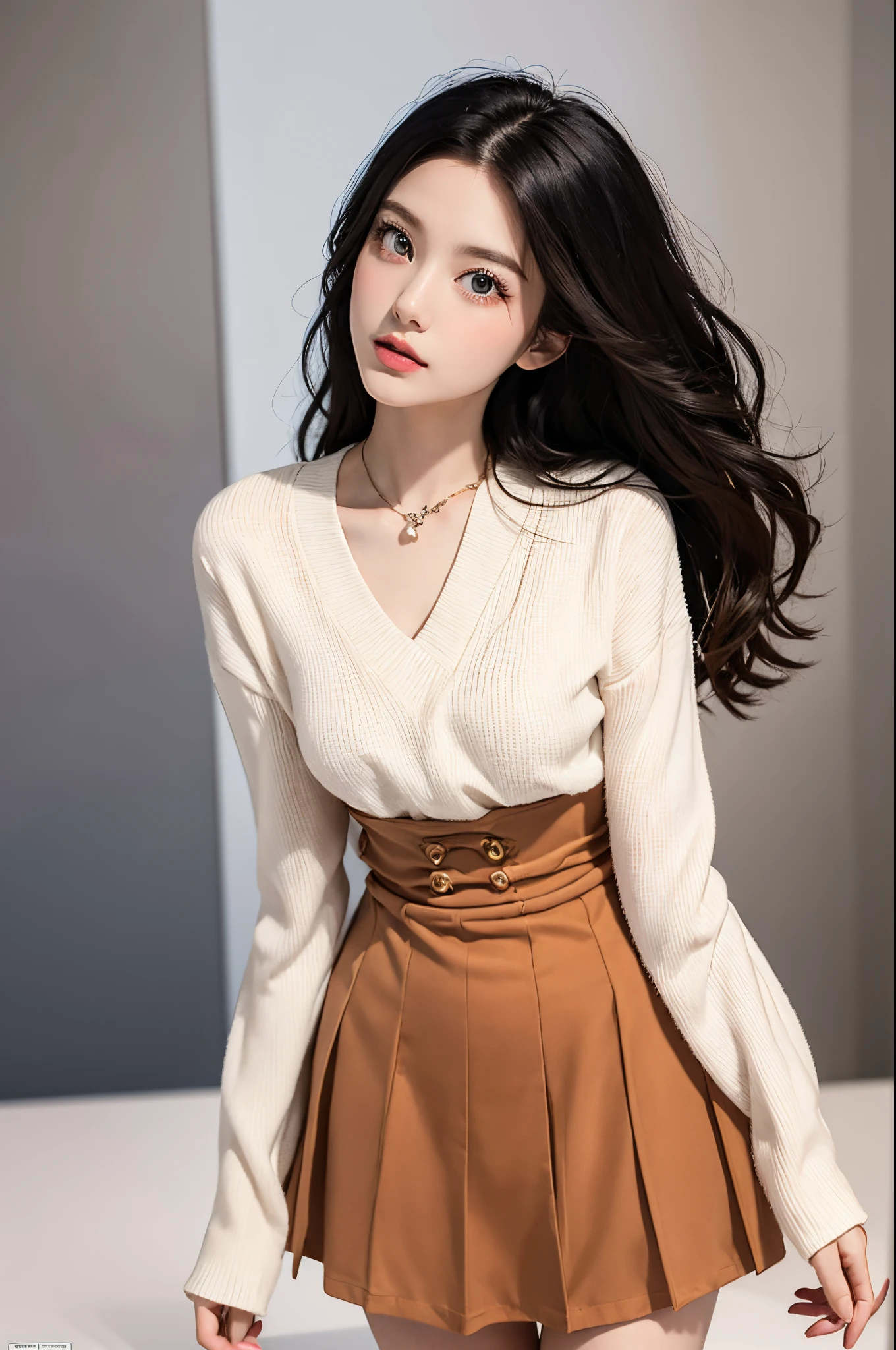 Sweet girl clothes5,high-waist skirt,jewelry,thighhighs,, ((cowboy shot)), leaning forward, (Surrealistic + pure), exquisite beautiful eyes, High contrast, HD quality, Dynamic tilt, High nose, Flare effect, realistic details, Official art, Masterpiece, Unity 8k wallpaper, beautiful masterpiece, Top quality, Radiant skin, cinematic lighting, sweet and cute, long brown hair, curly hair, warm tones, high color saturation