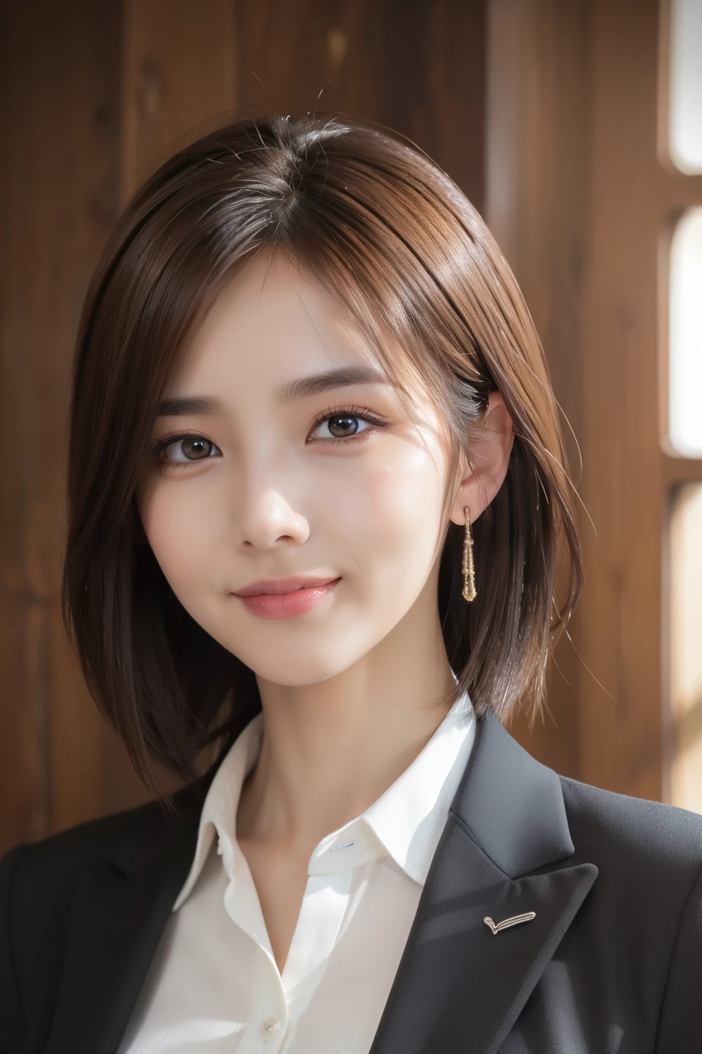 masutepiece, Best Quality, Photorealsitic, Ultra-detailed, finely detail, hight resolution, 8k wallpaper, 1 beautiful woman,, lightbrown hair, Business suits, foco nítido, Perfect and dynamic composition, Beautiful and detailed eyes, detailed hairs, Detailed and realistic skin texture, Smiling, Close-up portrait, Model body type, (Raw photography), (Photorealsitic), (masterpiece), (top-quality), hight resolution, 8K分辨率, (intricate detailes), (volumatic light), portlate, femele, 40 years, short-hair, straight haired, Layered hair, brown haired, extremely detailed eye, Sauce order, Highly detailed eyebrows, highlydetailed skin, highly detail mouth, highly detailed nose, cute like an idol, Happy smile, ((thick lips)), ((Look at viewers))