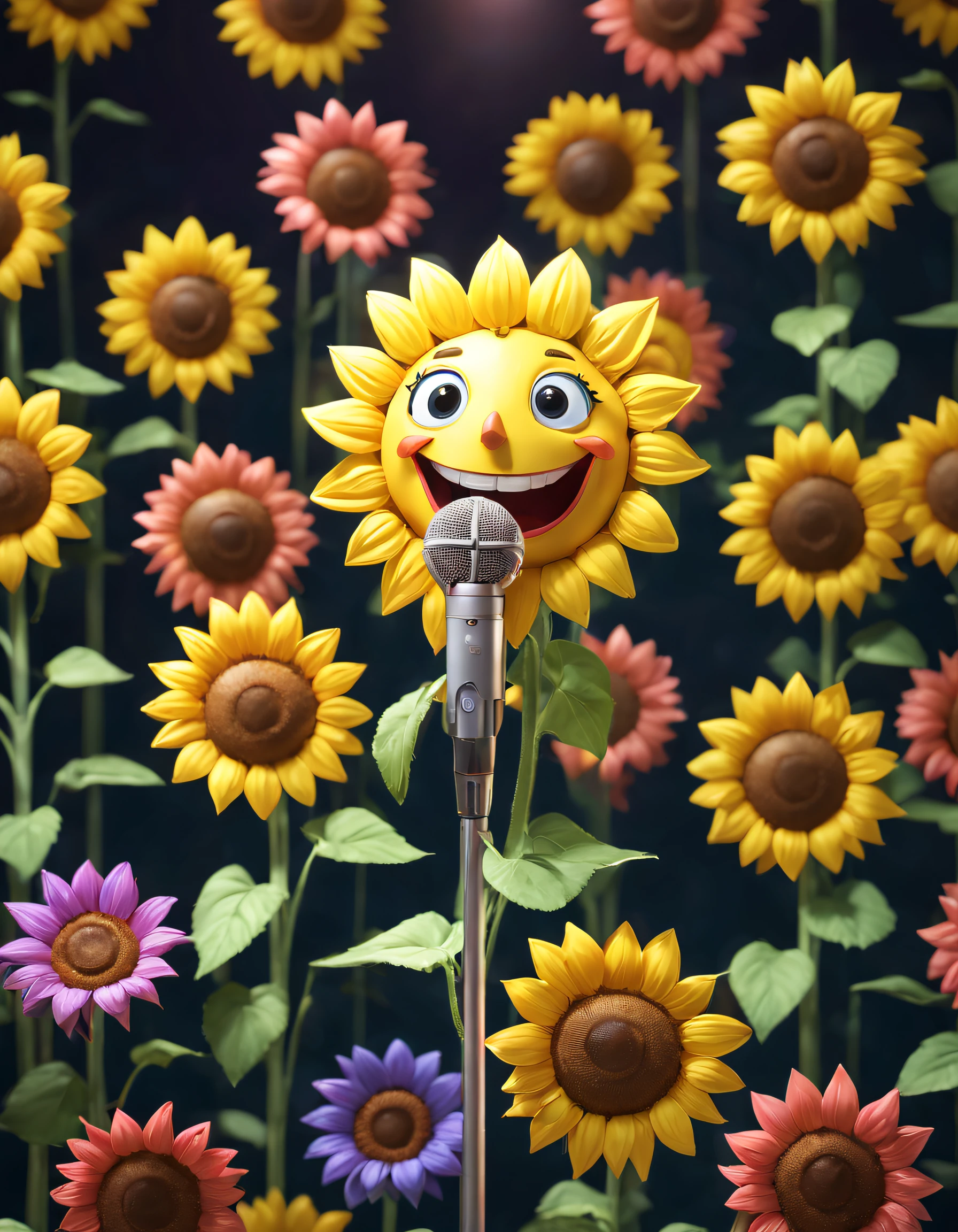 （character  design）， (5 cute sunflowers wearing different colors standing in front of a microphone and singing, Anthropomorphic and happy）, Happy anthropomorphic sunflower，Holographic Color Set,Smiling, big bright eyes, Background with：stage，neonlight，like a dream，Whimsical，fairytale-like, super detailing, pixal style, vibrant with colors, Natural soft light,, 5 octane rendering, ultra-wide-angle, 8K, High realism，Grand Prix