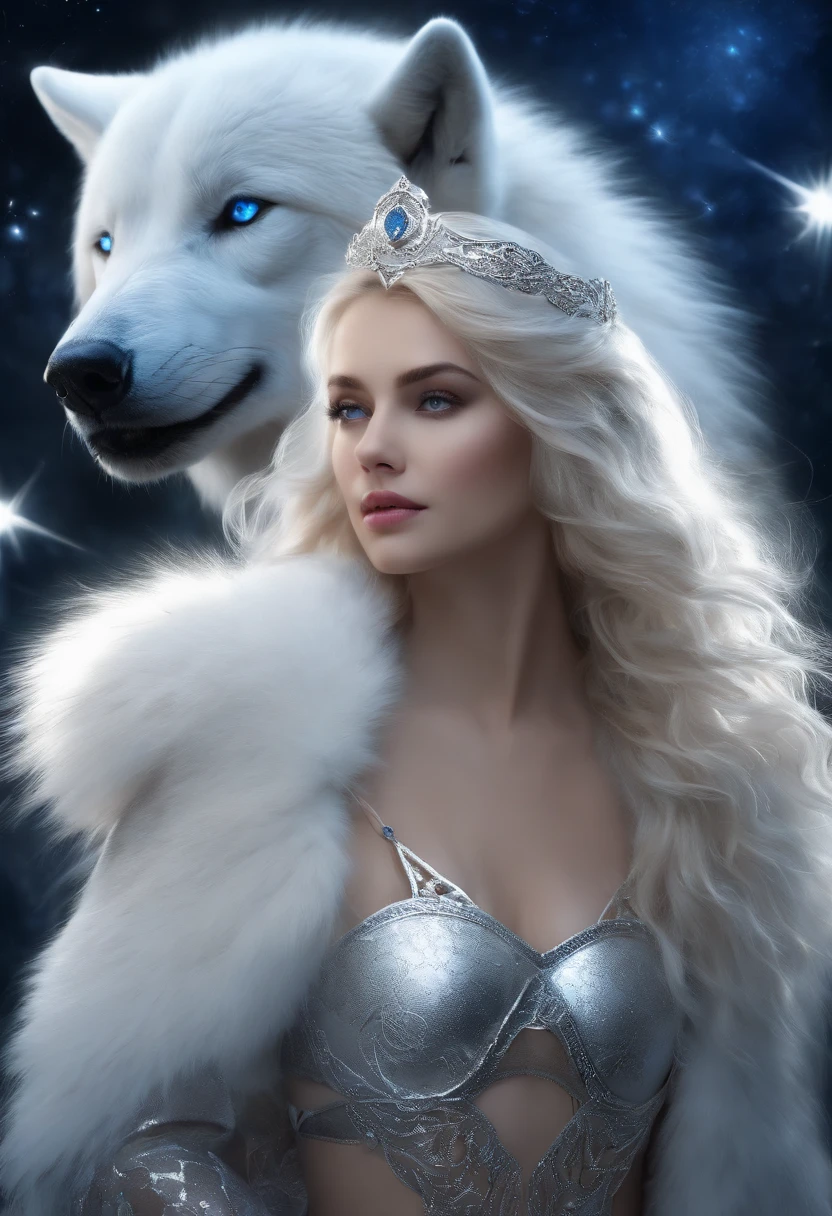 White wolf and girl, huge wolf, huge white wolf guarding a beautiful girl, blue eyes, white wolf's fur glows with silver sparks, NSFW girl, blonde girl, long curly hair, transparent Greek dress, silver trim, silver collar, silver belt, silver sandals, starry sky background, two moons, Orion nebula, standing on a star path.(masterpiece: 1.5) (photorealistic: 1.1) (bokeh) (best quality) (Detailed skin texture, pores, hair: 1.1) (intricate) (8K ) (HDR) (wallpaper) (cinematic lighting) (sharp focus)