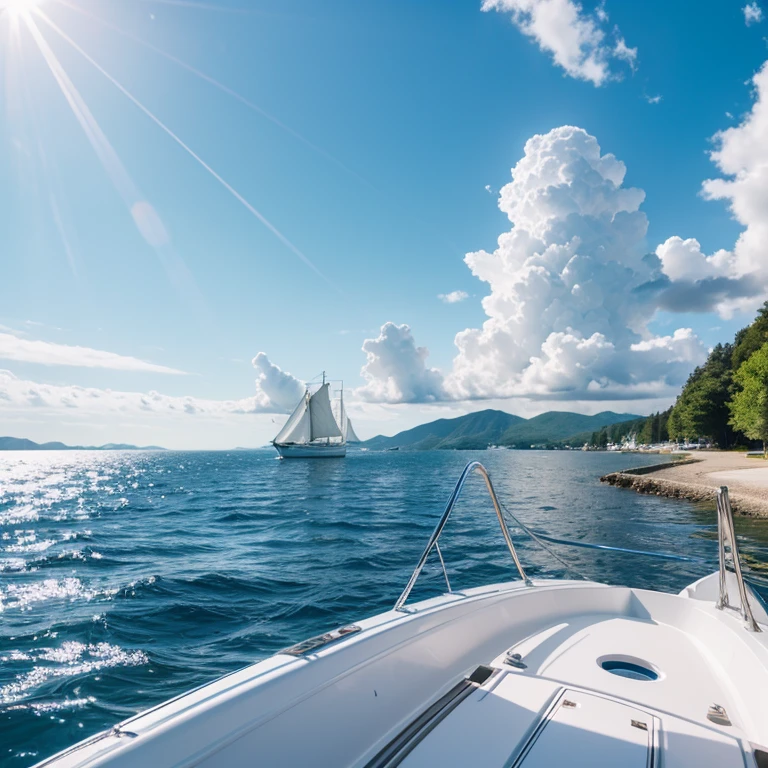 Calm and picturesque seery blue sky,A white sailing boat sails away,rays of sunshine,High definition,Very real,Looks relaxed and happy