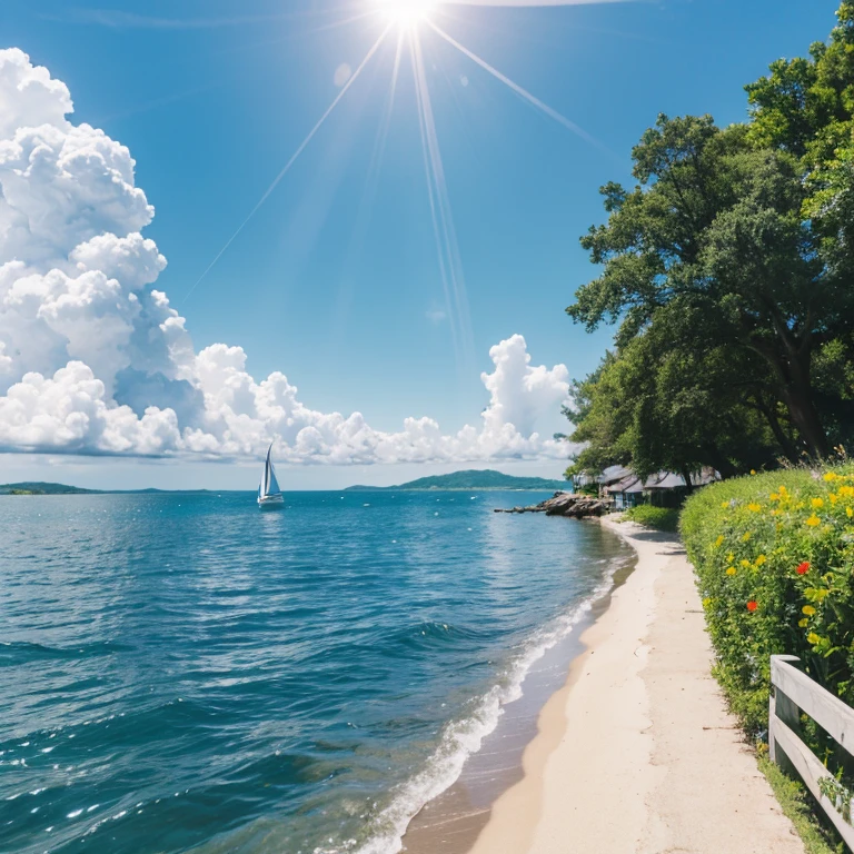 Calm and picturesque seery blue sky，A white sailing boat sails away，rays of sunshine，High definition，Very real，Looks relaxed and happy