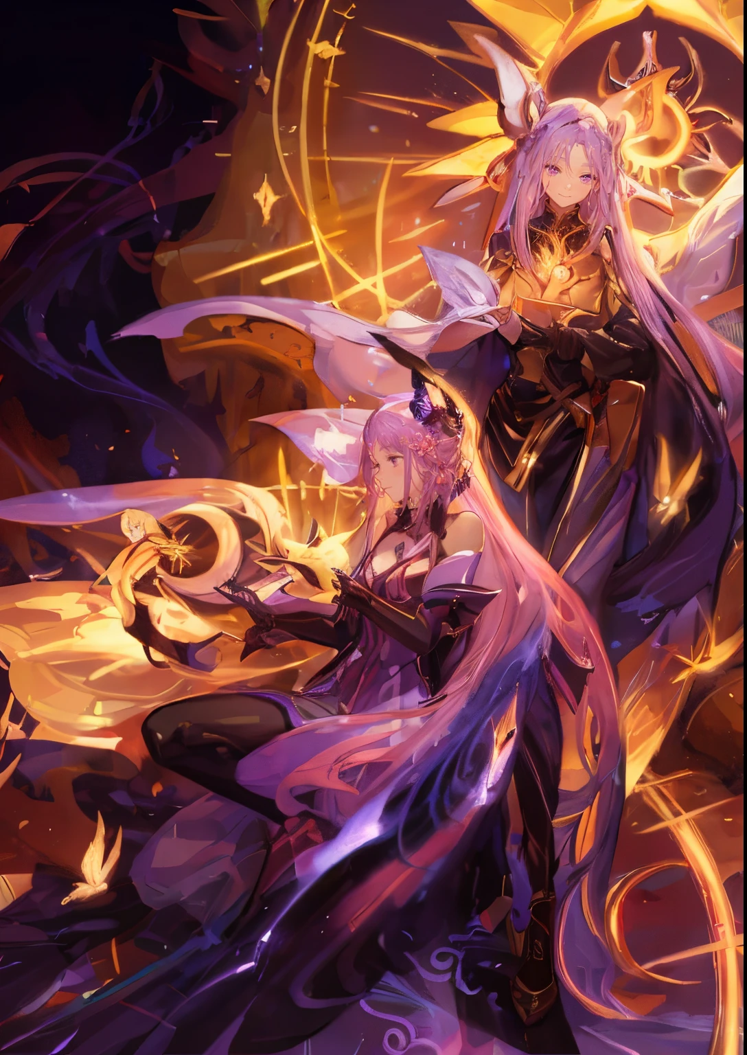 The image depicts a fantastical scene with two mythical creatures, a golden-haired woman in a golden dress and a purple-haired woman in a purple dress, standing on either side of a large dark circle. The golden-haired woman is holding a glowing globe, while the purple-haired woman is holding a glowing staff. Both creatures are surrounded by intricate patterns and swirling symbols, adding to the mystical atmosphere of the image. Serenity face