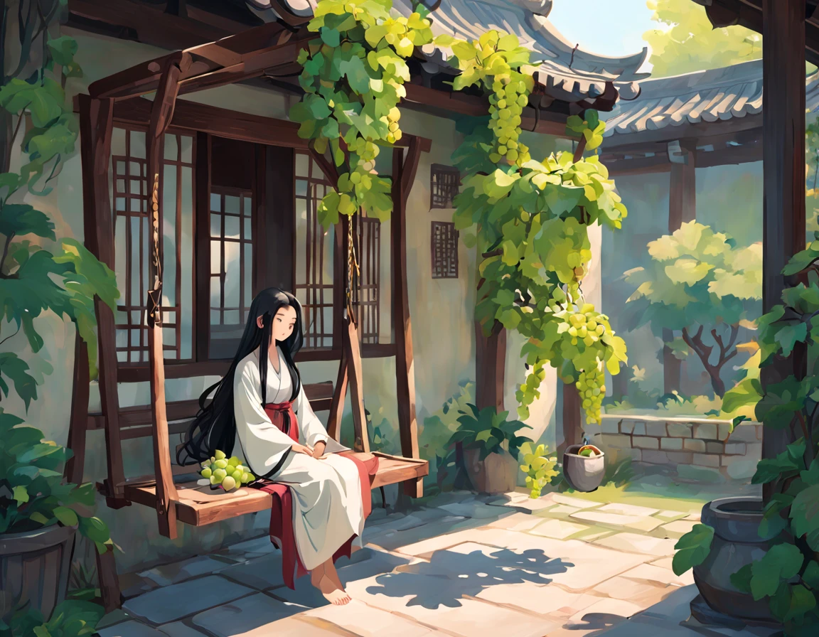 Ancient china, a china-style ancient courtyard house with trees and flowers, grape vines, spring morning, a simple wooden swing in the courtyard, a girl with long black hair wearing flowing robes sit sleep on the swing