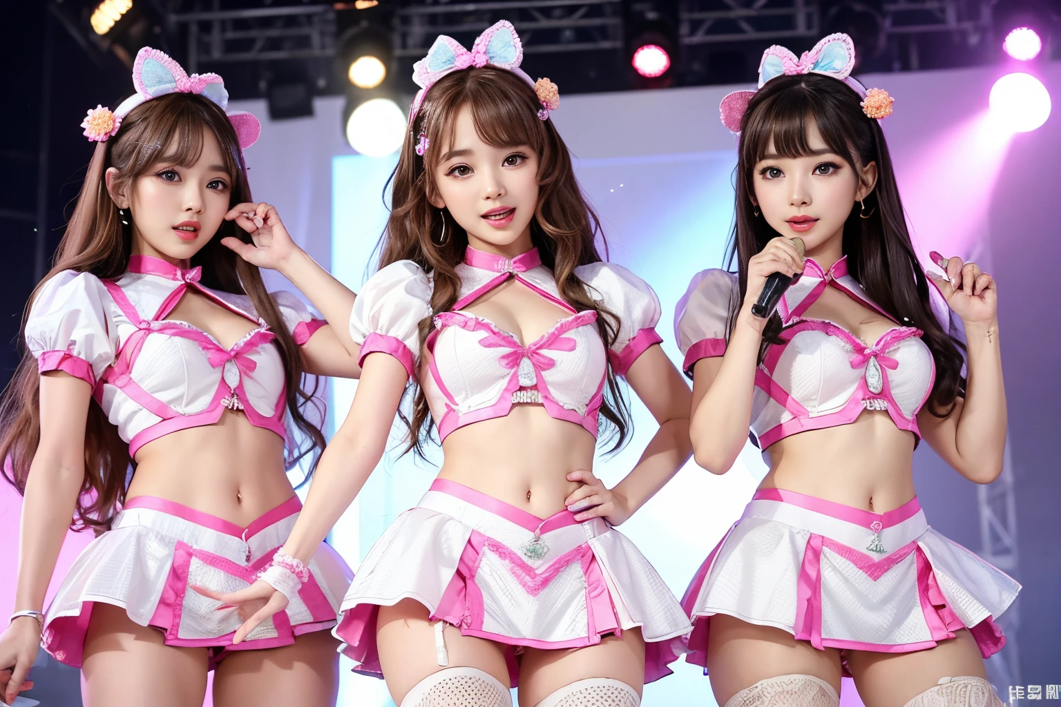 3 member girl band、pop light music band、超A high resolution、An ultra-high picture quality、8K、Wonderful expression with attention to detail、All have long brown curly hair、Cute stage costumes in pastel colors、Performance scene at the outdoor music hall