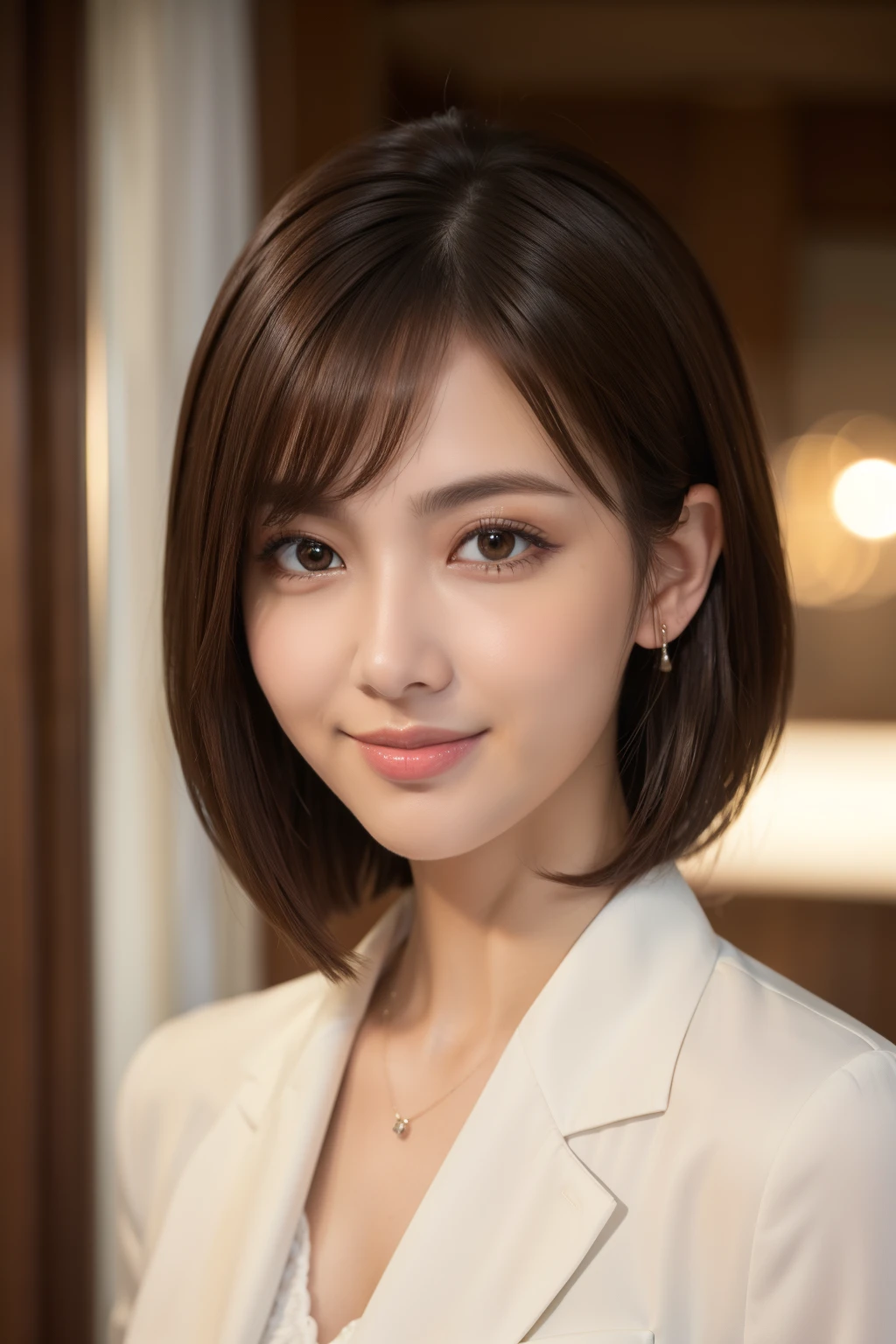 masutepiece, Best Quality, Photorealsitic, Ultra-detailed, finely detail, hight resolution, 8k wallpaper, 1 beautiful woman,, lightbrown hair, Business suits, foco nítido, Perfect and dynamic composition, Beautiful and detailed eyes, detailed hairs, Detailed and realistic skin texture, Smiling, Close-up portrait, Model body type, (Raw photography), (Photorealsitic), (masterpiece), (top-quality), hight resolution, 8K分辨率, (intricate detailes), (volumatic light), portlate, femele, 40 years, short-hair, straight haired, Layered hair, brown haired, extremely detailed eye, Sauce order, Highly detailed eyebrows, highlydetailed skin, highly detail mouth, highly detailed nose, cute like an idol, Happy smile, ((thick lips)), ((Look at viewers))