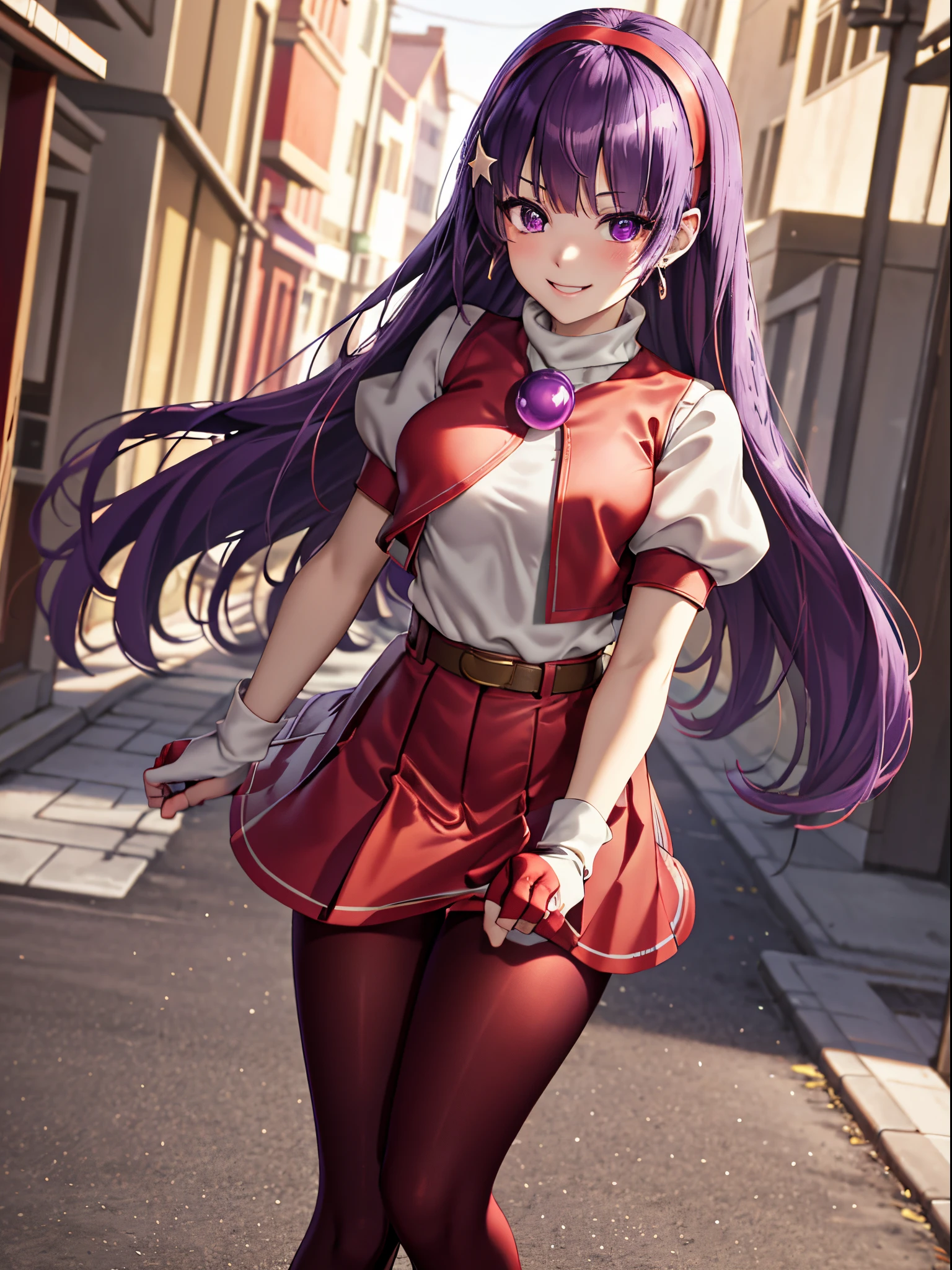 (masterpiece), (best quality), (ultra-detailed), intricate detail, athena97, 1girl, solo, purple eyes, purple hair, long hair, white earrings, red hairband, star hair ornament, medium breats, red vest, white turtleneck, white puffy sleeves, short sleeves, red pleated skirt, (deep red pantyhose:1.2), black pantyhose, yellow belt, purple sphere shape necklace, red fingerless gloves, white short socks, red shoes,   (outdoors), photography, smile, blush, sunny, nsfw, cowboy shot, blurry background, street background,