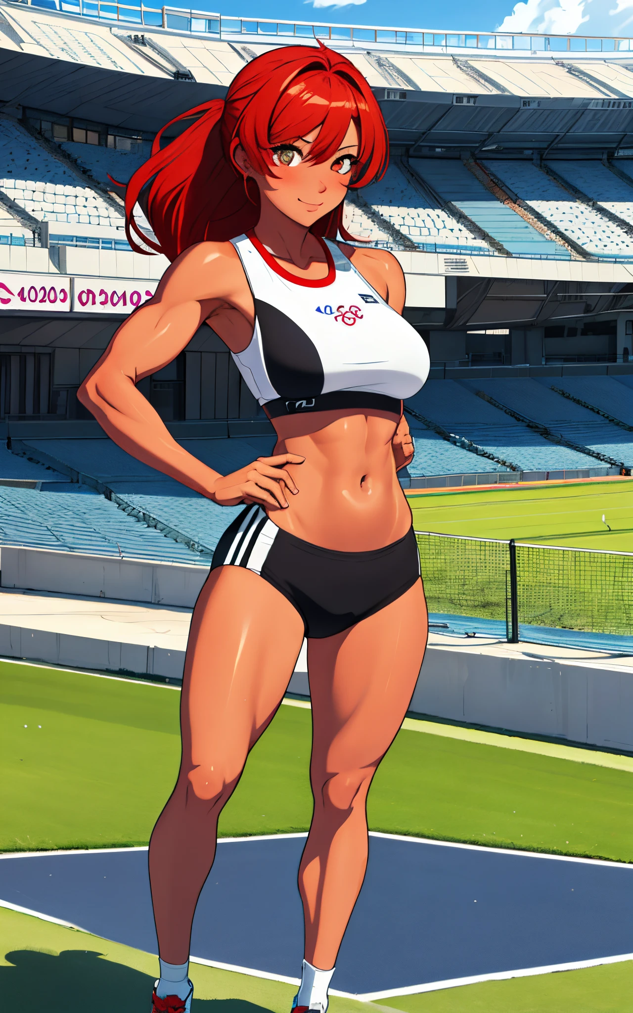 (8k, best quality, tmasterpiece:1.2),\(eye detailed\),\(Facial features\),(\(Clothes detail details\)\),(1 girl:1.3),solo,full bodyesbian,Sports girl,(suntanned skin:1.3),red hair,red color eyes。,huge breasts,Strong muscles,Wear sports bras,Sports bra stretches as the girl moves。on a sports track,grass court,Games,olympic stadium