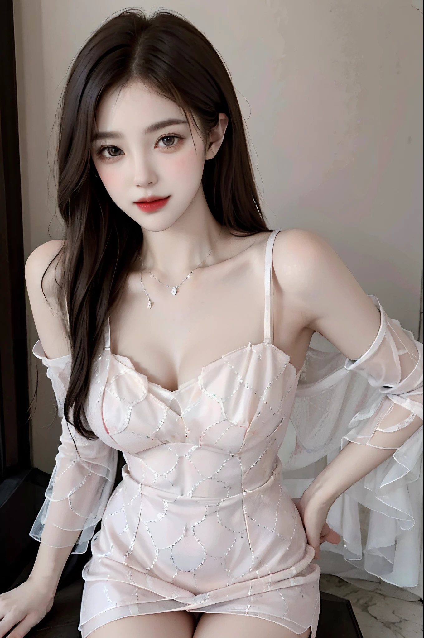 Sweet girl dress2,dress, yjnn, fashi-girl, red lips, mature female, makeup, ((cowboy shot)), (realistic), leaning forward, (Surrealistic + pure), exquisite beautiful eyes, HD quality, Dynamic tilt, High nose, Flare effect, realistic details, Official art, Masterpiece, Unity 8k wallpaper, beautiful masterpiece, Top quality, Radiant skin, cinematic lighting, sweet and cute, long brown hair, curly hair, warm tones, high color saturation