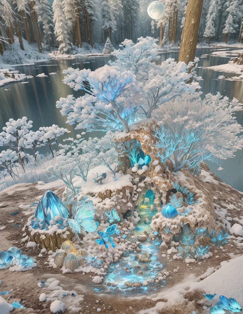 a fairy world，Snow Forest and Creation Mushroomilkyway Sky，Lights create glowing butterflies，large moon，Blue River，SakuraNore followers，4K, wonderful art beautiful minerals, Rainbow crystals, ultra - detailed,  Light up colorful diamonds，jewely，crystal，shine，metallic  luster，Glaze color，incredible lighting, ultra - detailed, 8K, Unreal Engine5, a 3D render