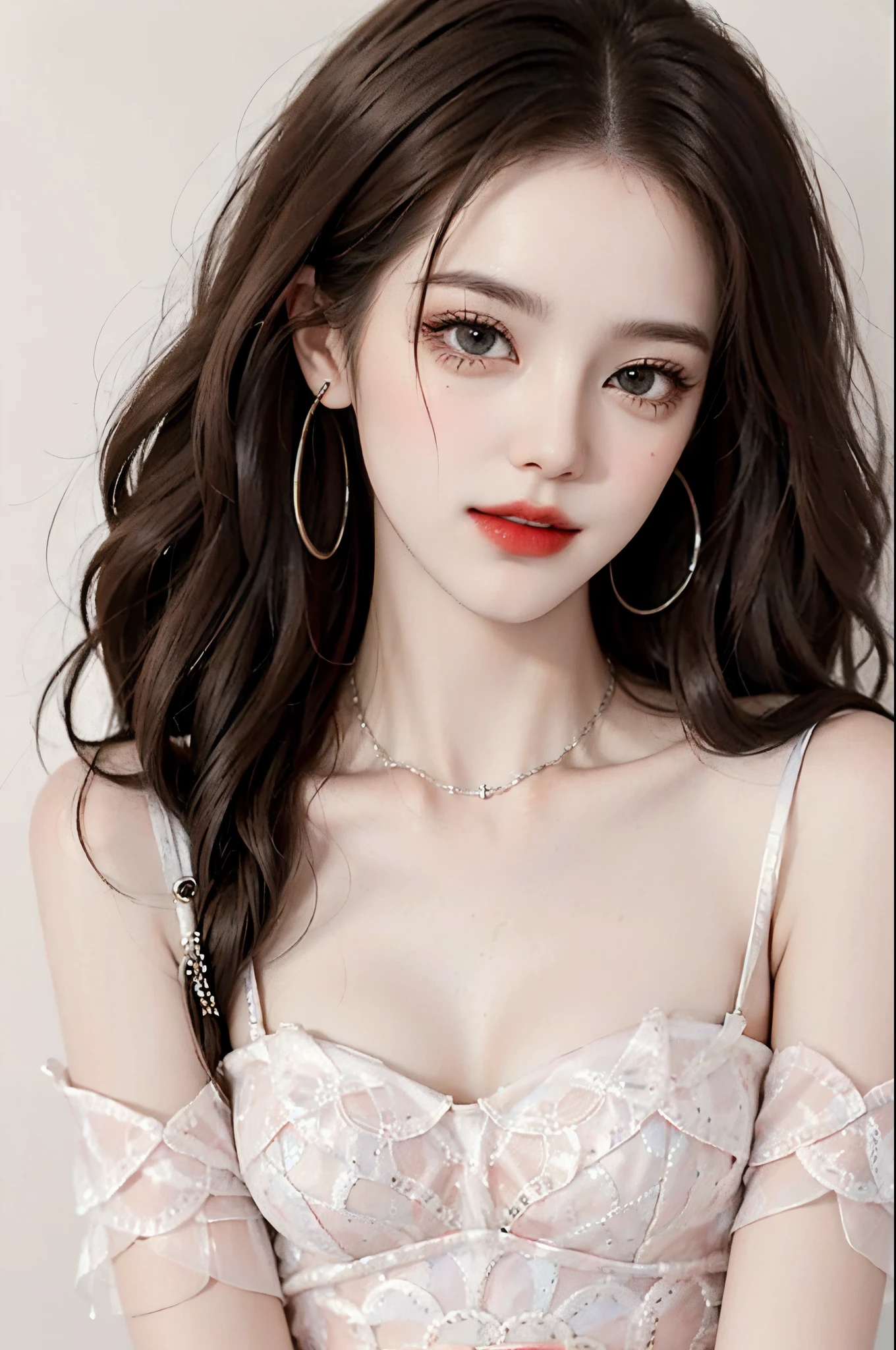 Sweet girl dress2,dress, yjnn, 1girl, fashi-girl, red lips, mature female, makeup, ((cowboy shot)), (realistic), leaning forward, (Surrealistic + pure), exquisite beautiful eyes, HD quality, Dynamic tilt, High nose, Flare effect, realistic details, Official art, Masterpiece, Unity 8k wallpaper, beautiful masterpiece, Top quality, Radiant skin, cinematic lighting, sweet and cute, long brown hair, curly hair, warm tones, high color saturation